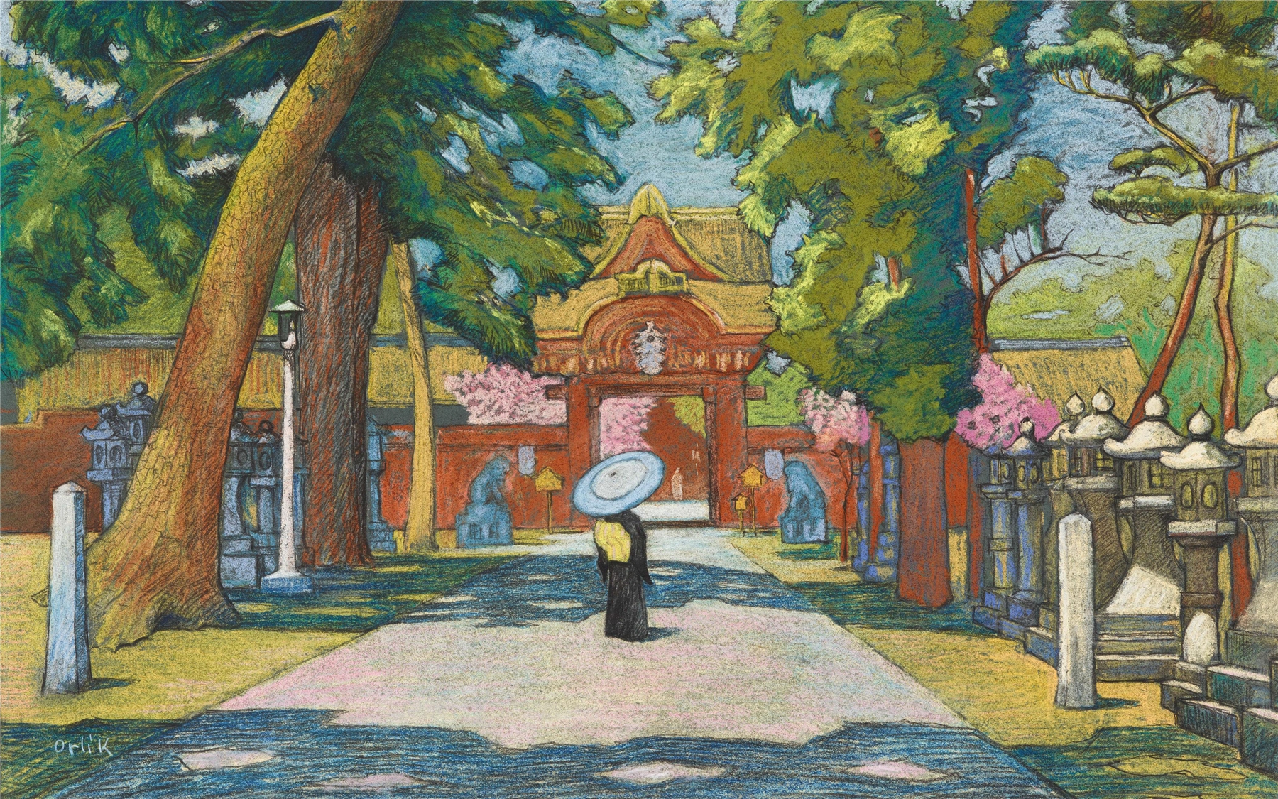 Ukiyo-e by Emil Orlik depicting a serene pond with cherry blossoms