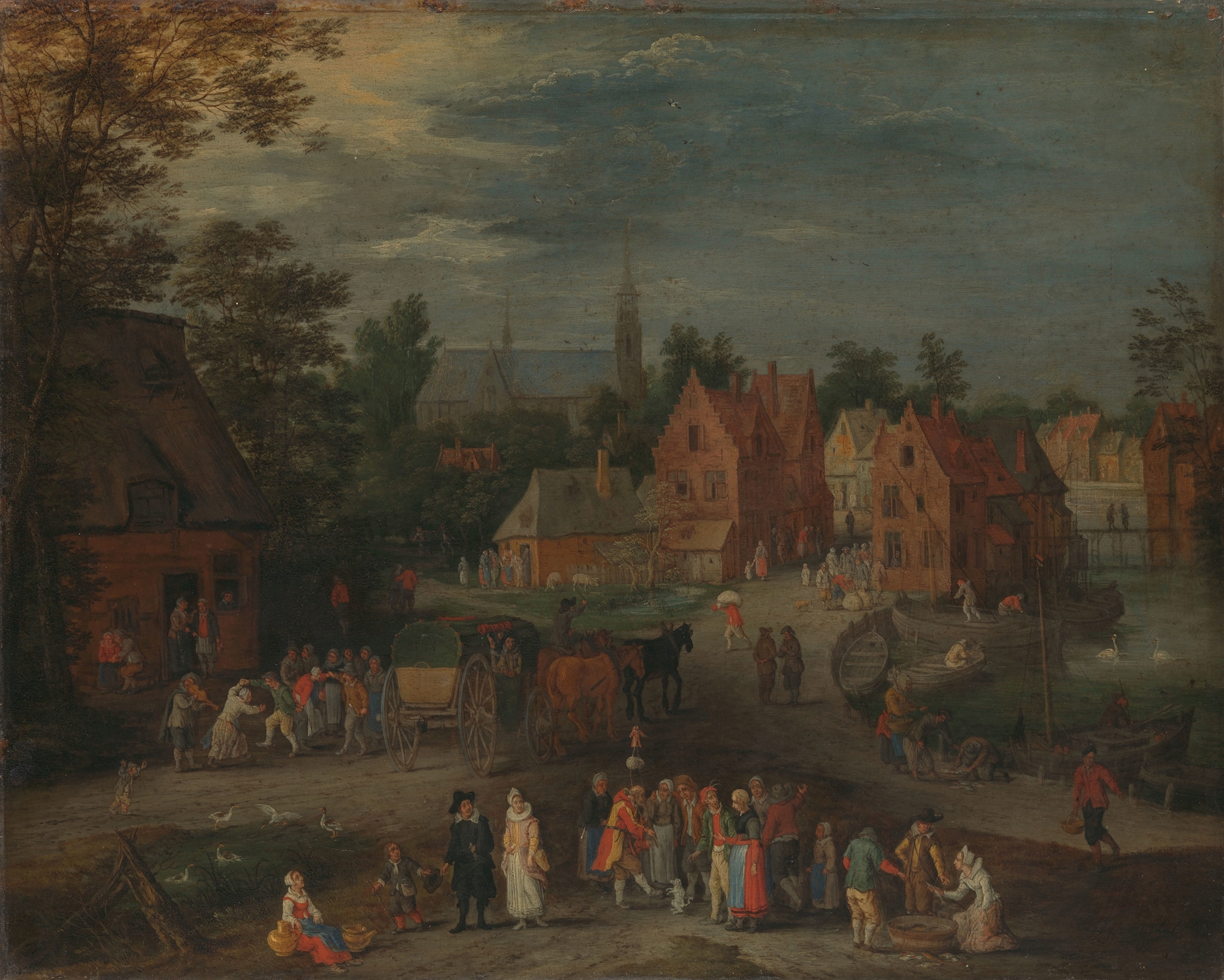 Village with a puppeteer entertaining a small crowd, oil on canvas by Peeter Gijsels