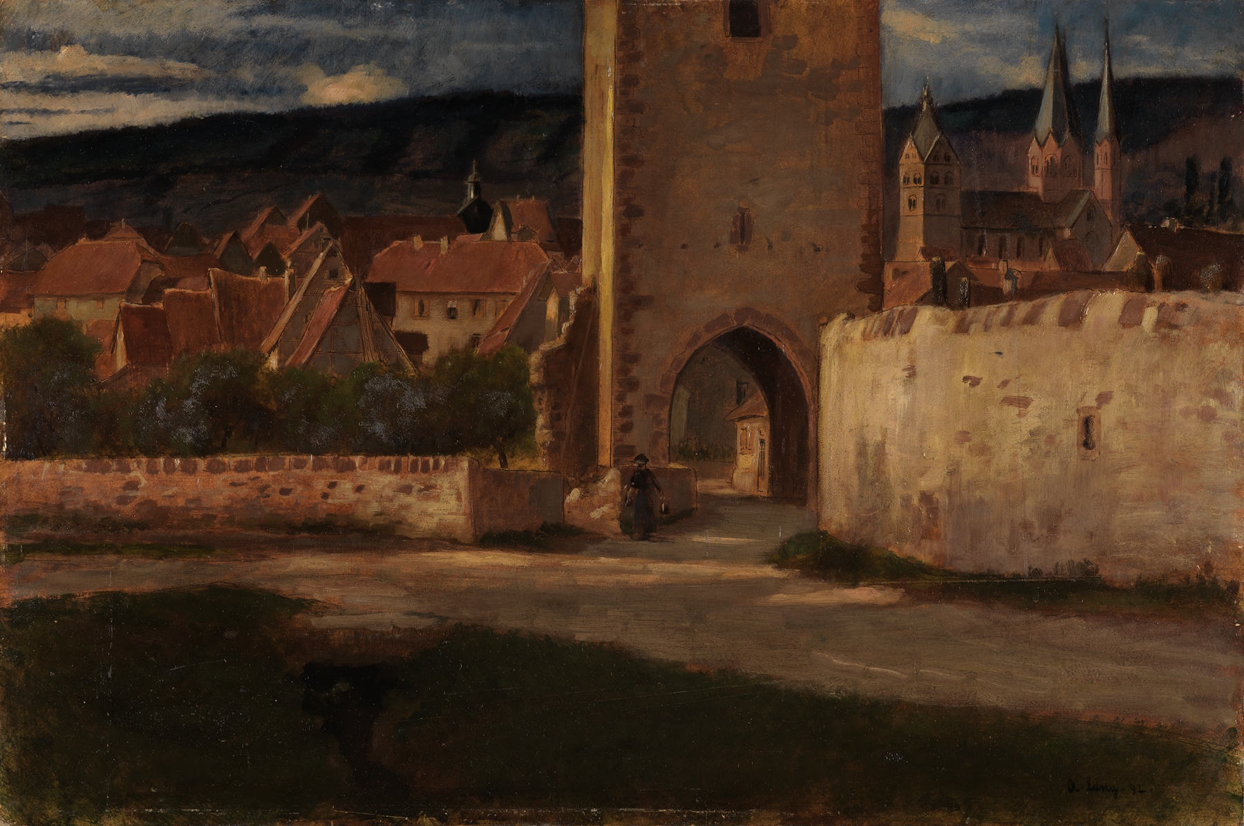 Landscape oil painting by Albert Lang depicting a city wall and nature.