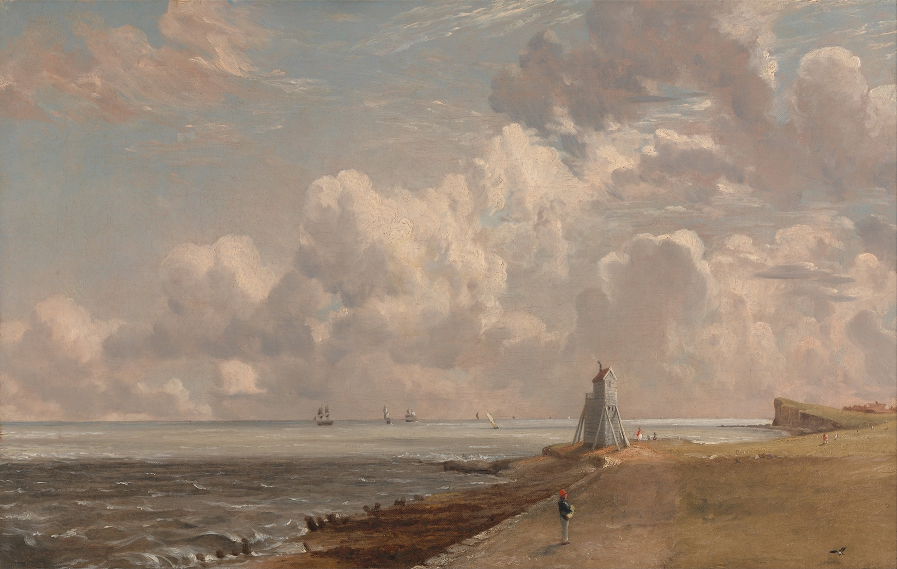 Harwich- The Low Lighthouse and Beacon Hill by John Constable, oil painting of a lighthouse and coastal scene.