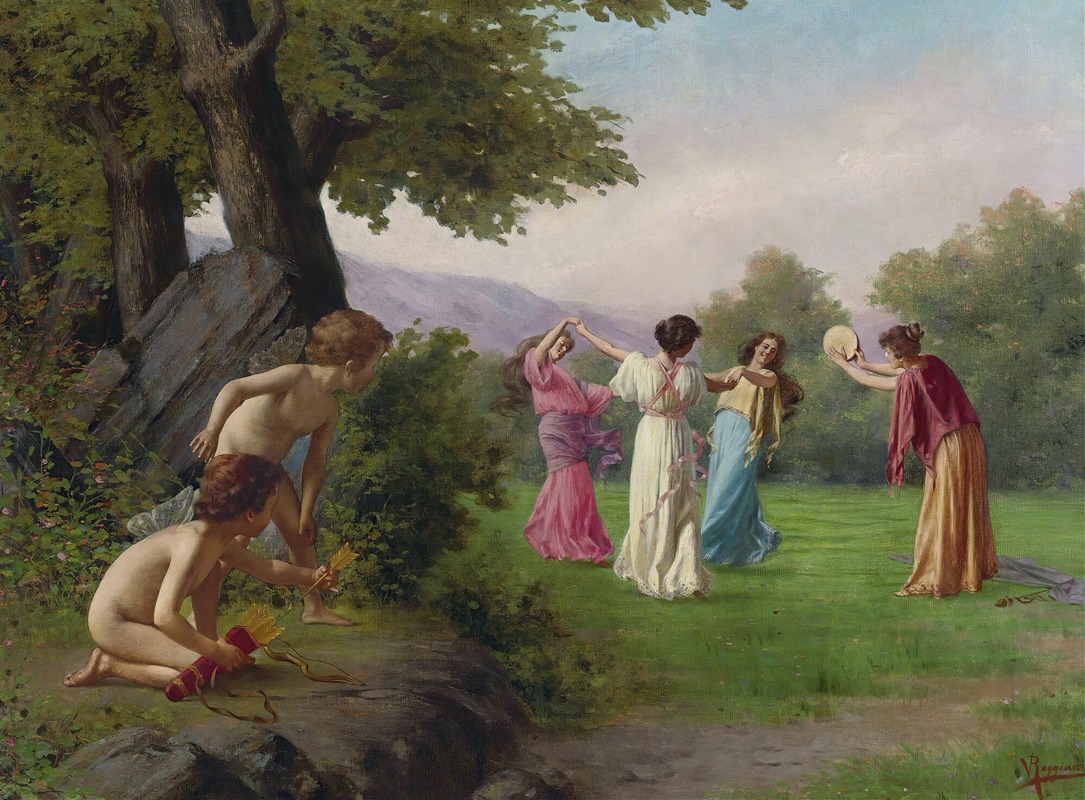 A captivating genre scene by Vittorio Reggianini depicting figures in a moment of intrigue.
