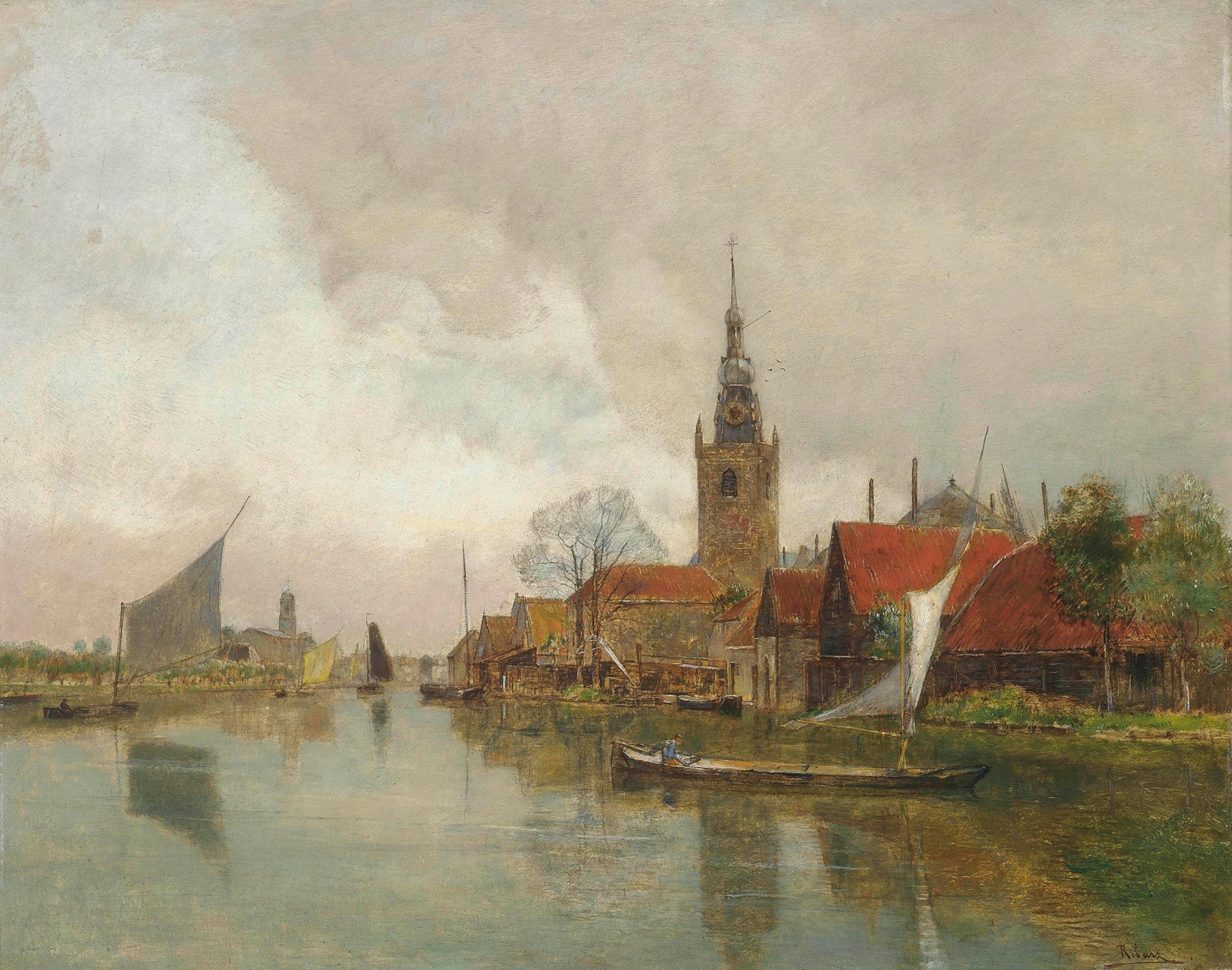 Marine scene with vessels on calm water by Rudolf Ribarz, medium unknown