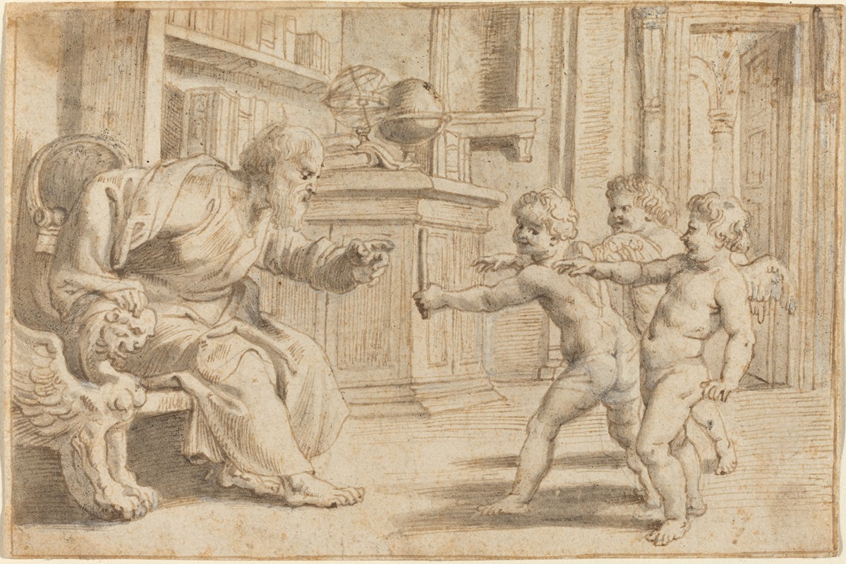 Putti Testing a Man’s Perception of Depth by Peter Paul Rubens features playful cherubs exploring visual perception.