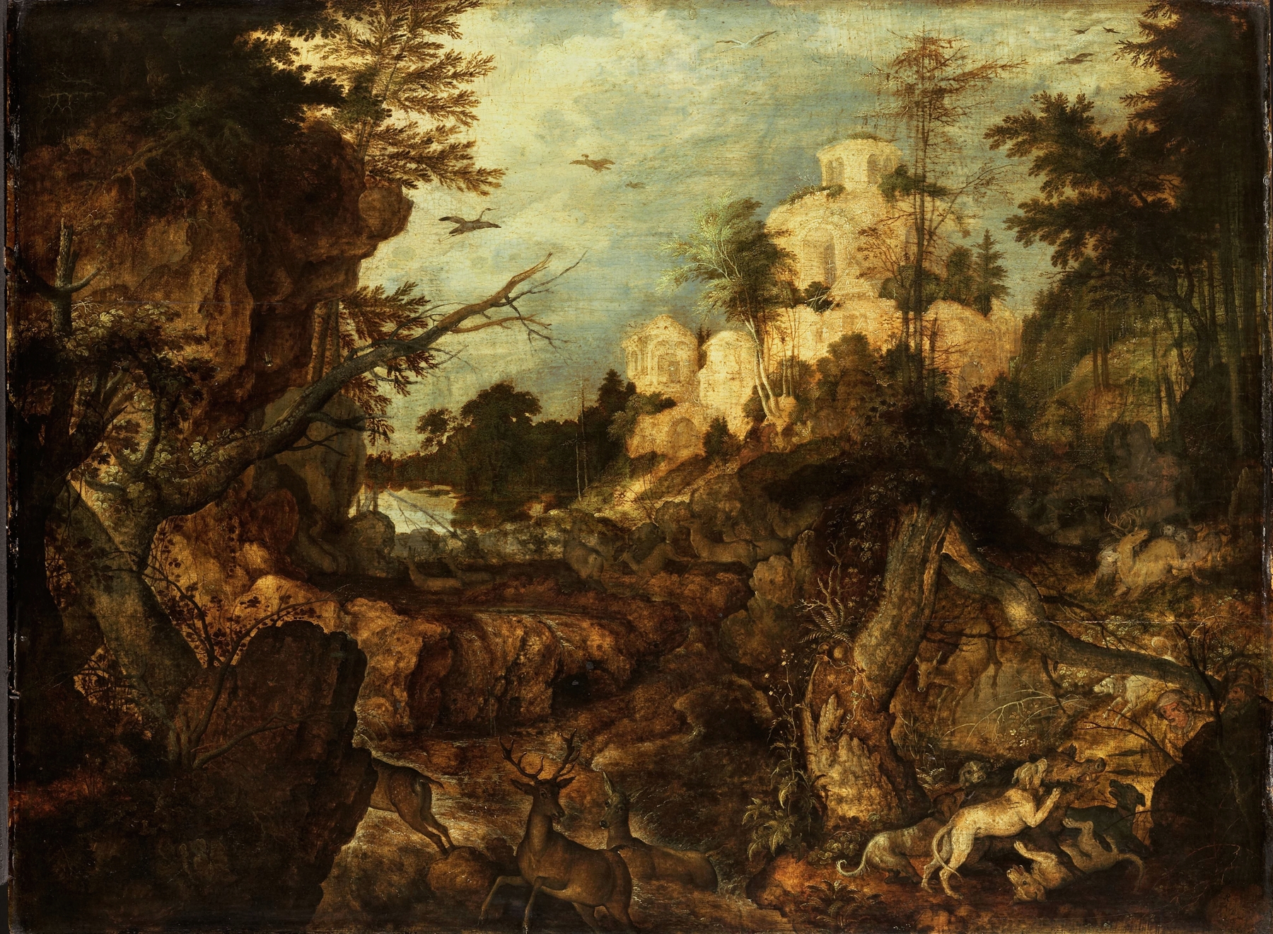 Wild boar hunt in a rocky landscape, oil on canvas by Roelant Savery