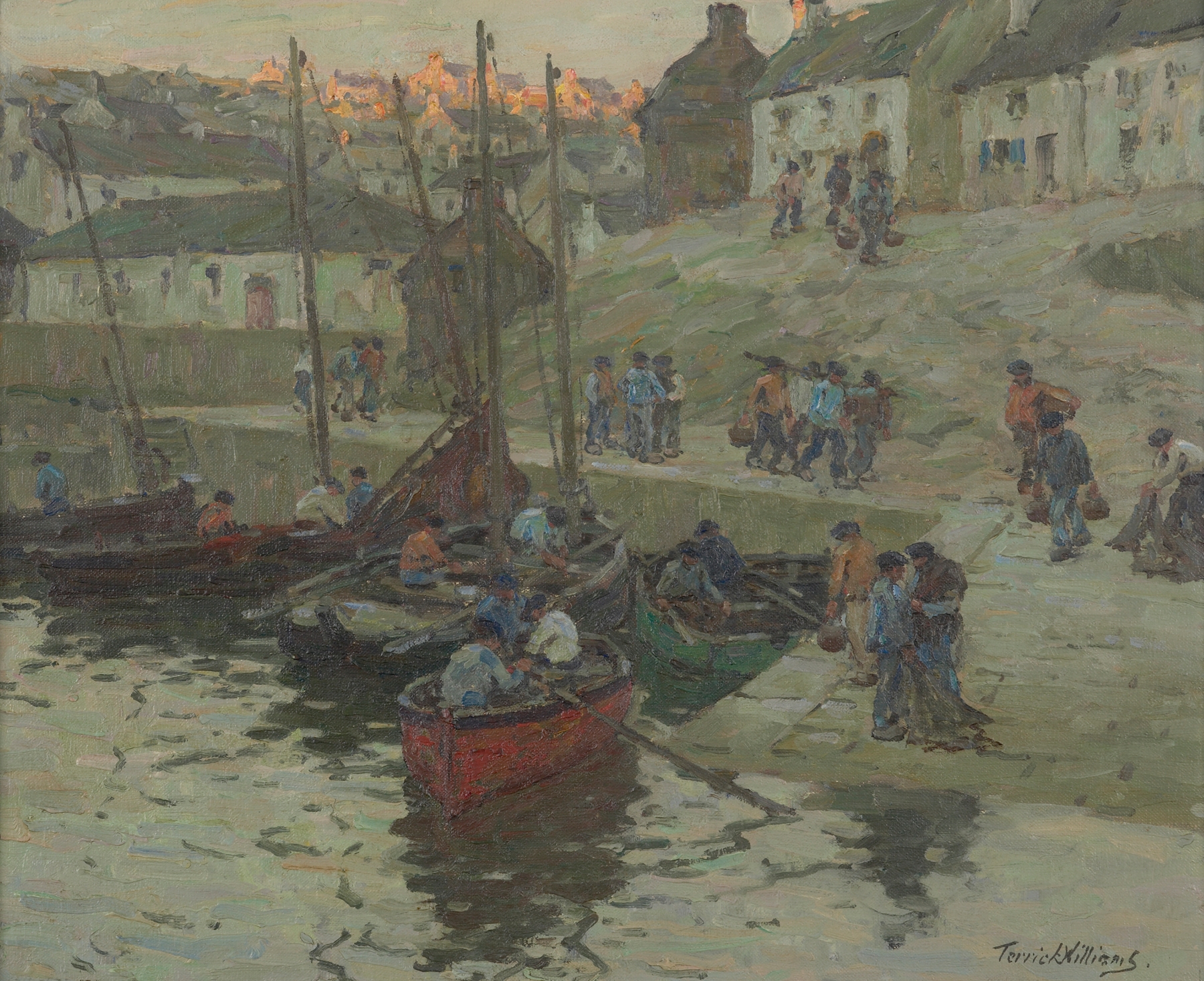 Fishermen at sundown, Audierne, Brittany, oil painting by Terrick Williams