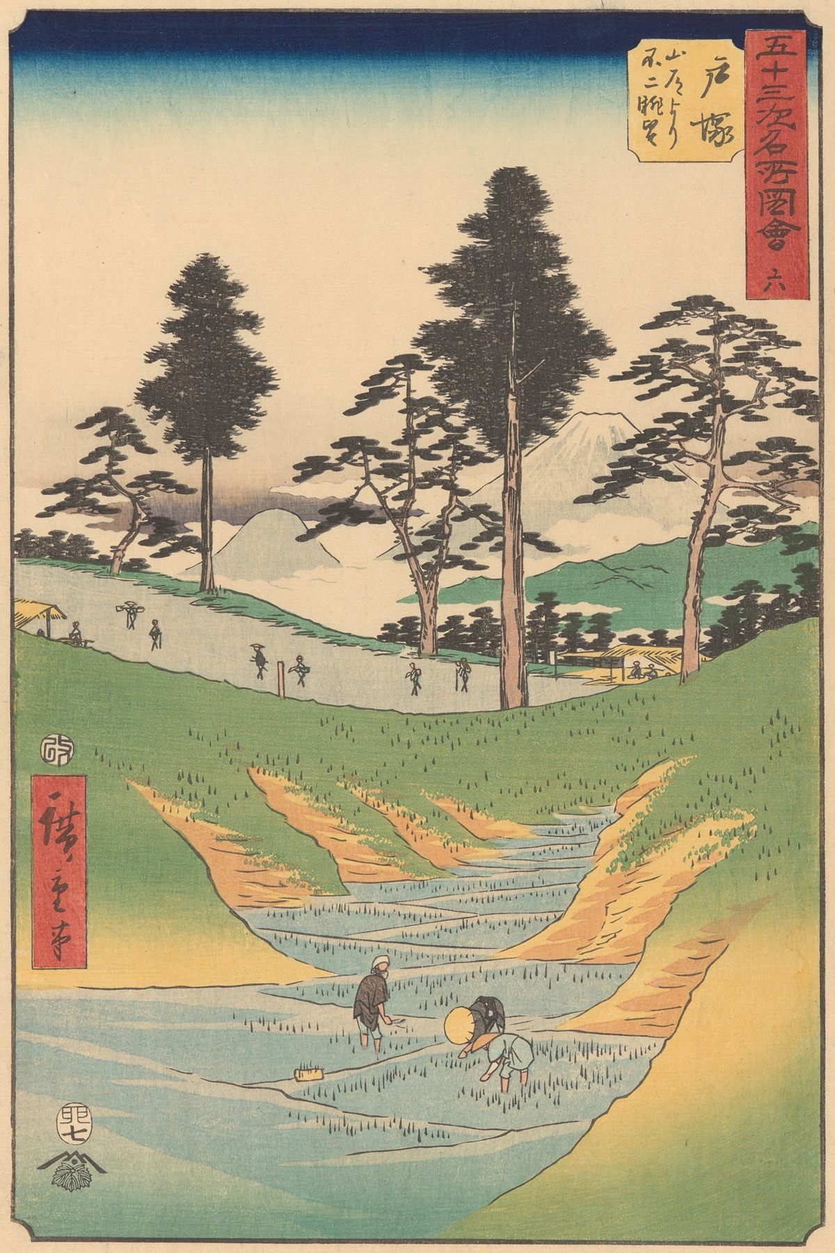Ukiyo-e landscape by Utagawa Hiroshige, featuring tree branches and rolling hills.