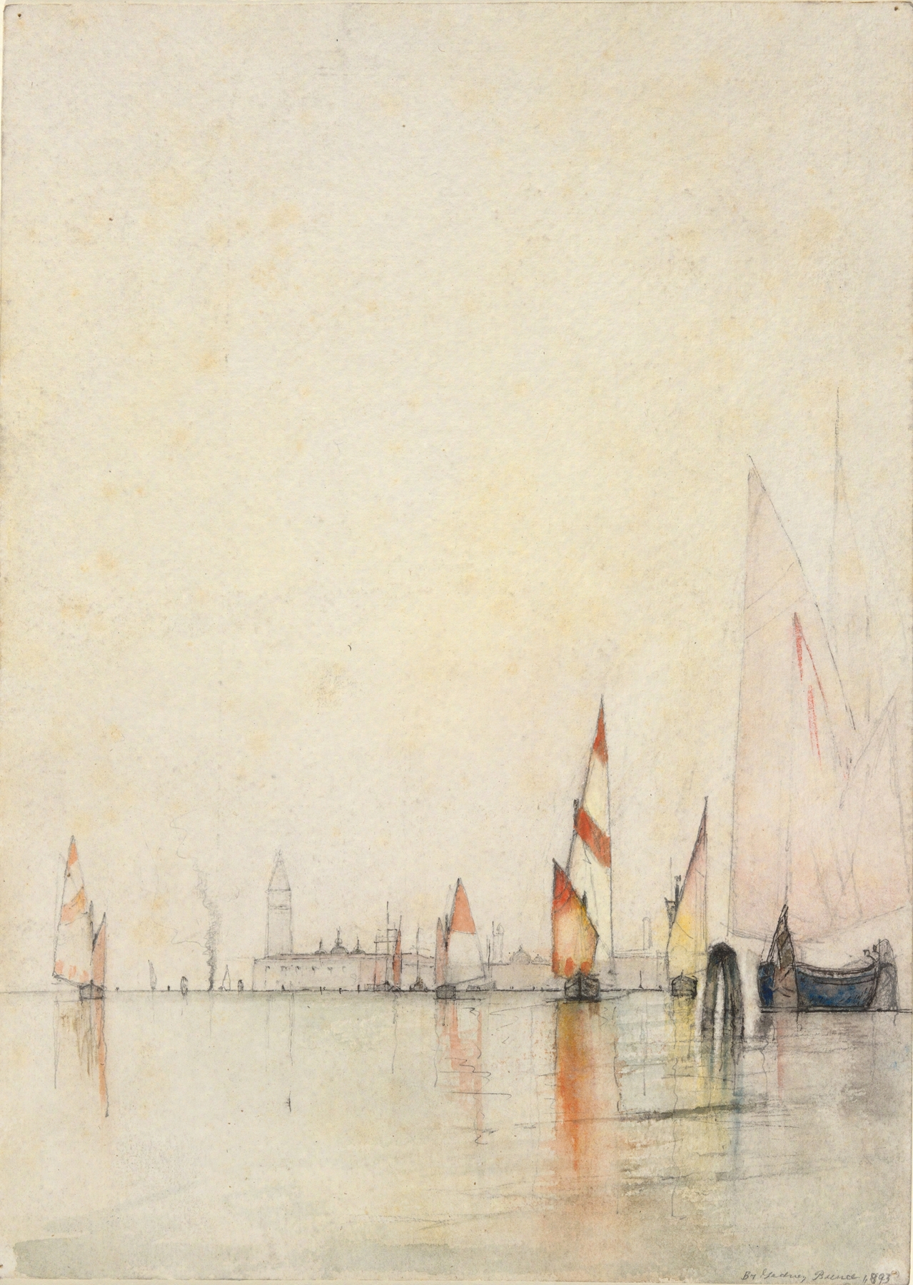 Boats on the lagoon at twilight by William Gedney Bunce, oil painting