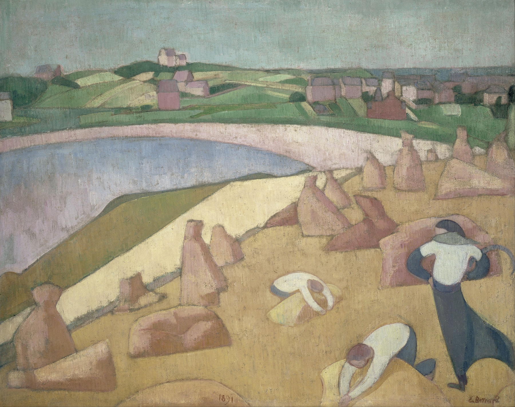 Harvest by the Sea by Emile Bernard, oil painting depicting figures gathering harvest by the sea.