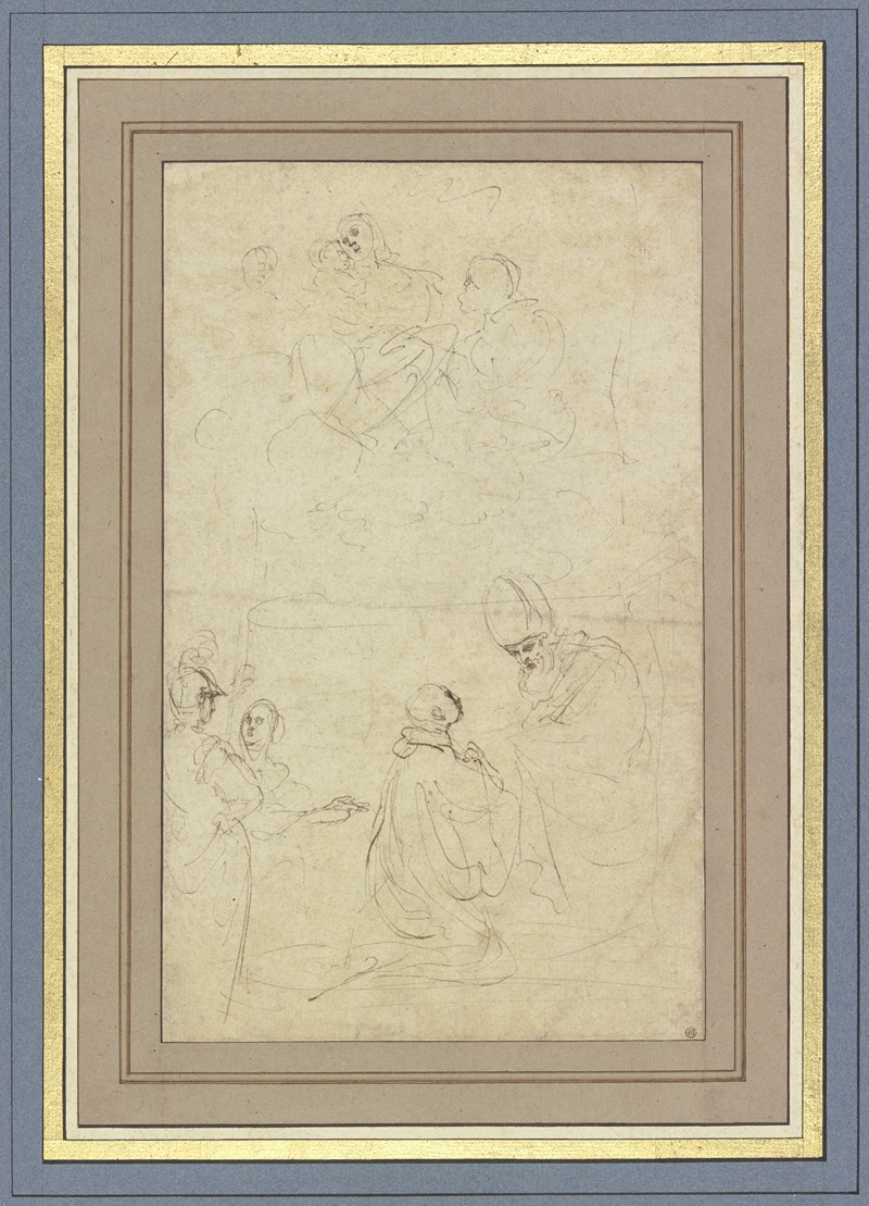 Guercino's painting depicts the Virgin Mary surrounded by figures in a dramatic cloud setting.