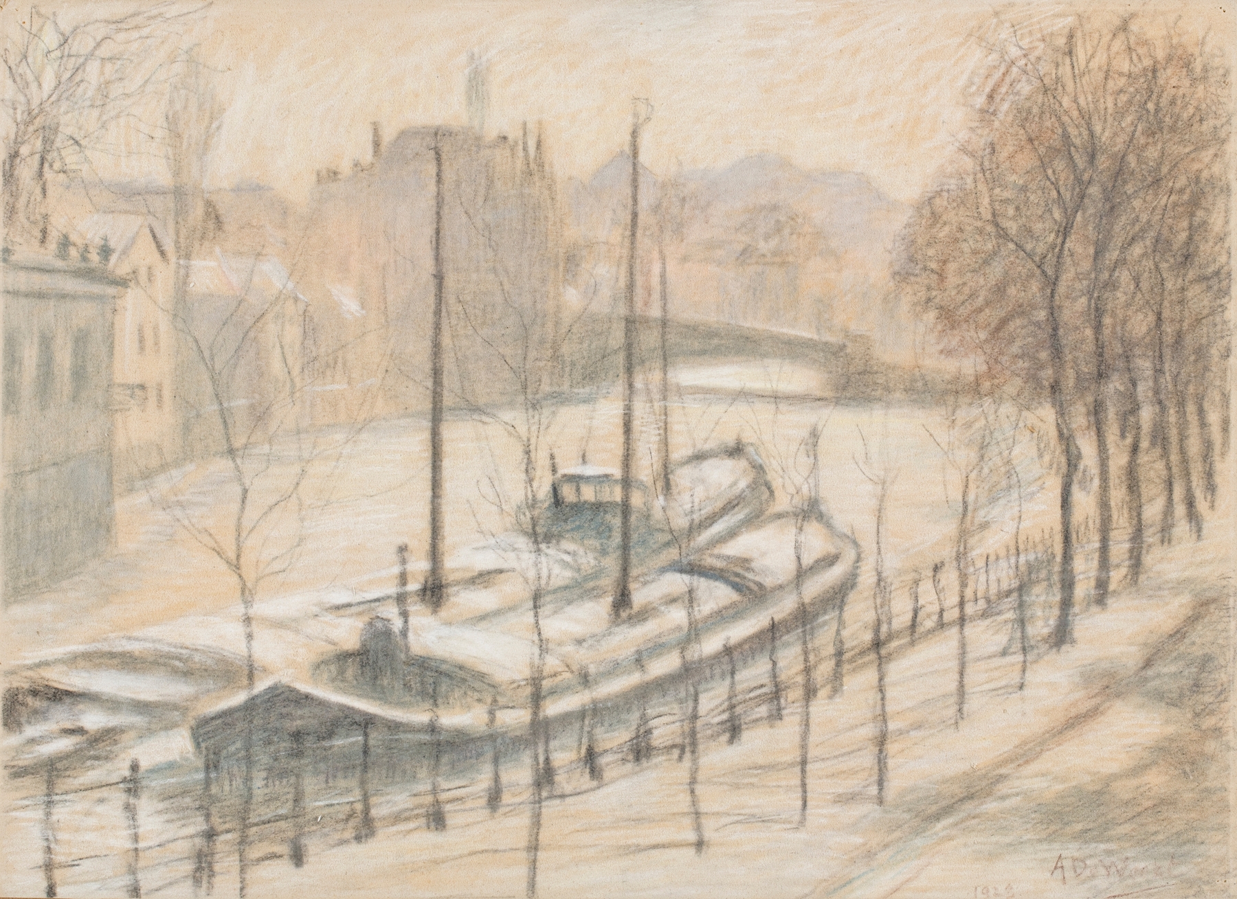 Snow-covered barges in winter by Anna De Weert, realism