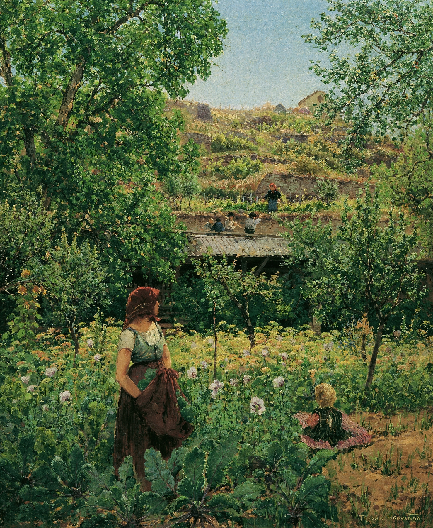 Figurative scene of a girl among flowers, oil painting by Theodor Von Hörmann