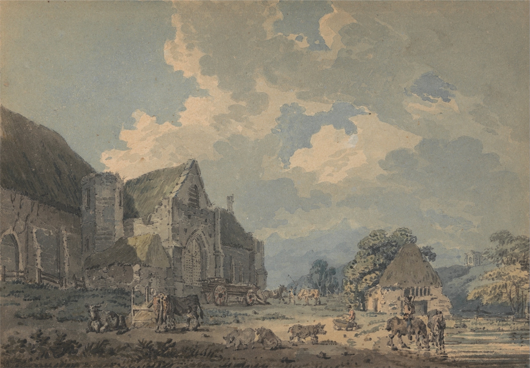The Tithe Barn at Abbotsbury with the Abbey on the hill…, by Thomas Girtin, public domain