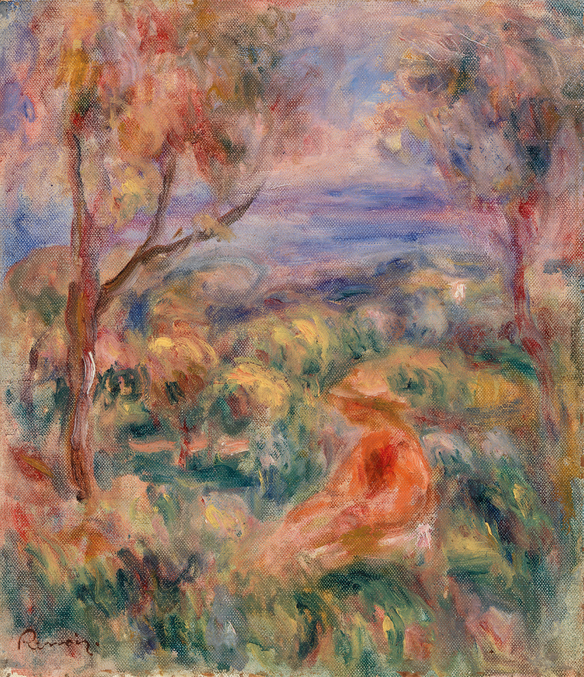 Seated woman by the sea in an oil painting by Pierre-Auguste Renoir
