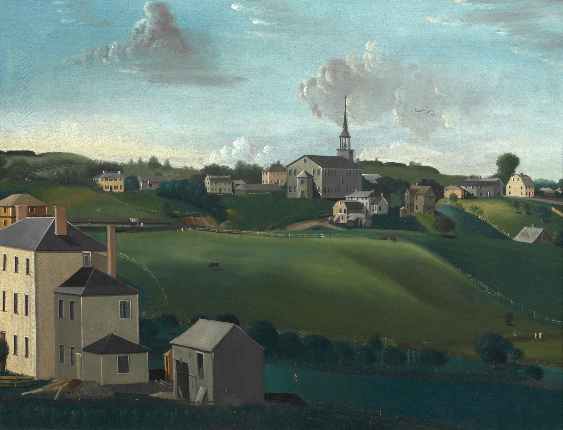 Meetinghouse Hill landscape by John Ritto Penniman, oil on canvas, featuring homes and children in golden light.