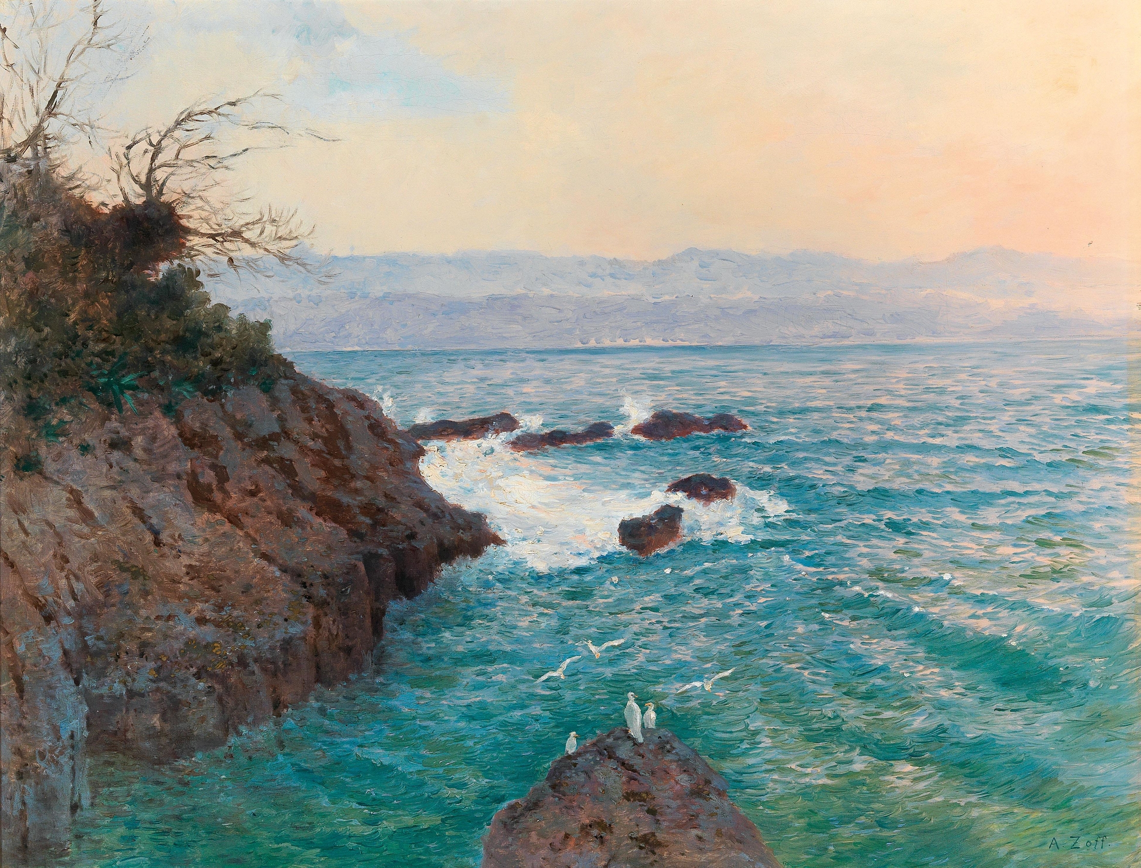 A View Of The Nervi Coast, oil painting by Alfred Zoff, depicting vibrant sea and cliffs.