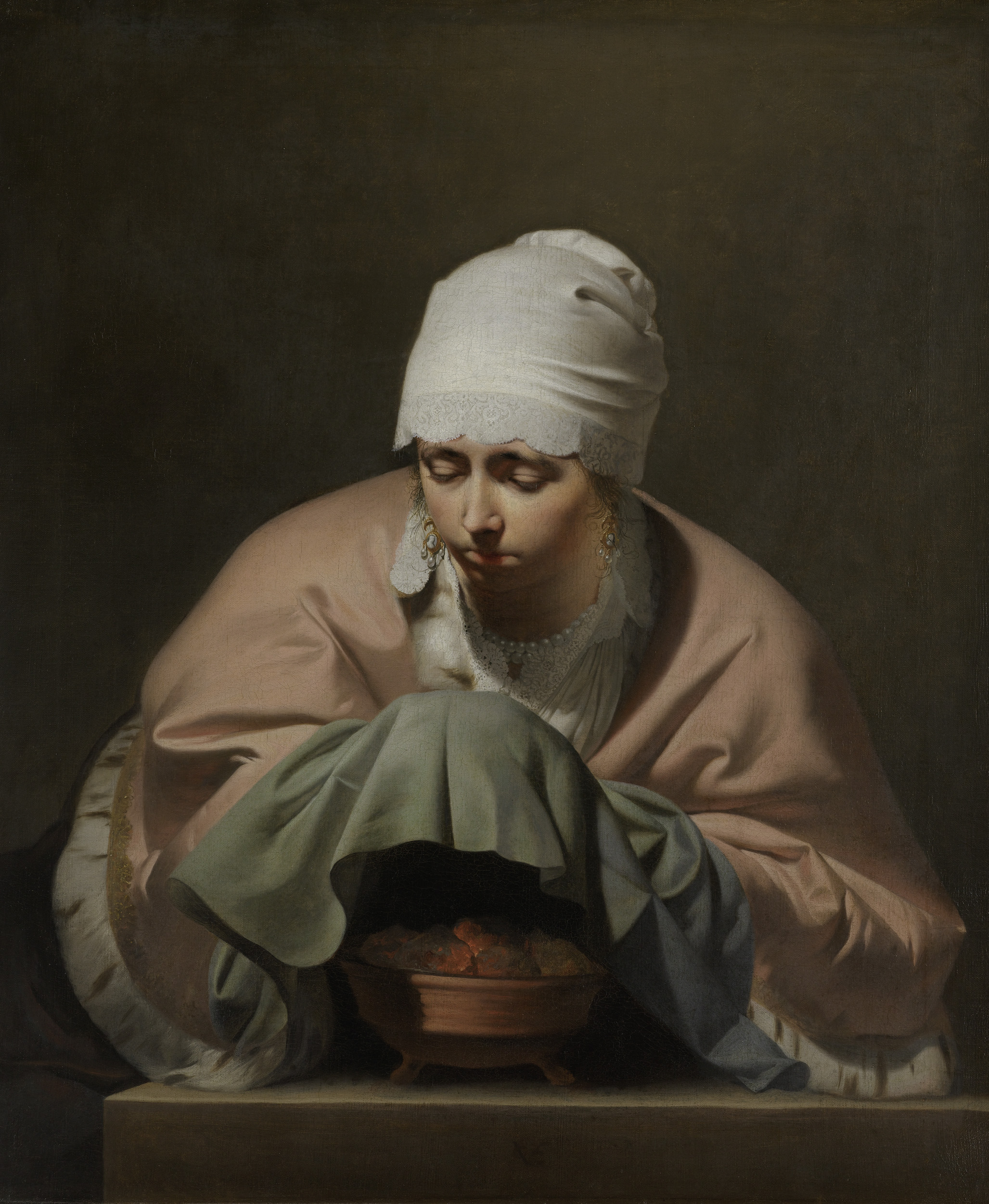 A Young Woman Warming her Hands over a Brazier: Allegory of Winter, by Caesar van Everdingen, public domain