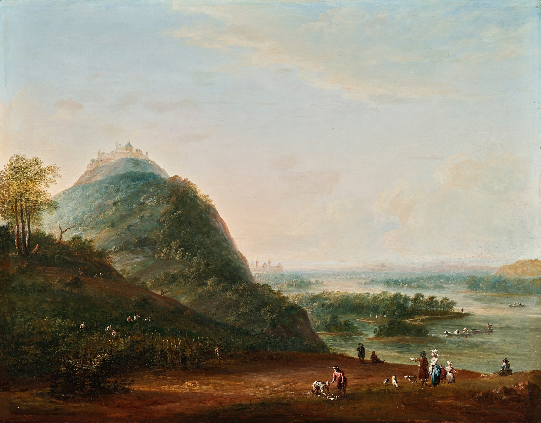 Landscape oil painting by Josef Heideloff depicting hills and the town of Klosterneuburg