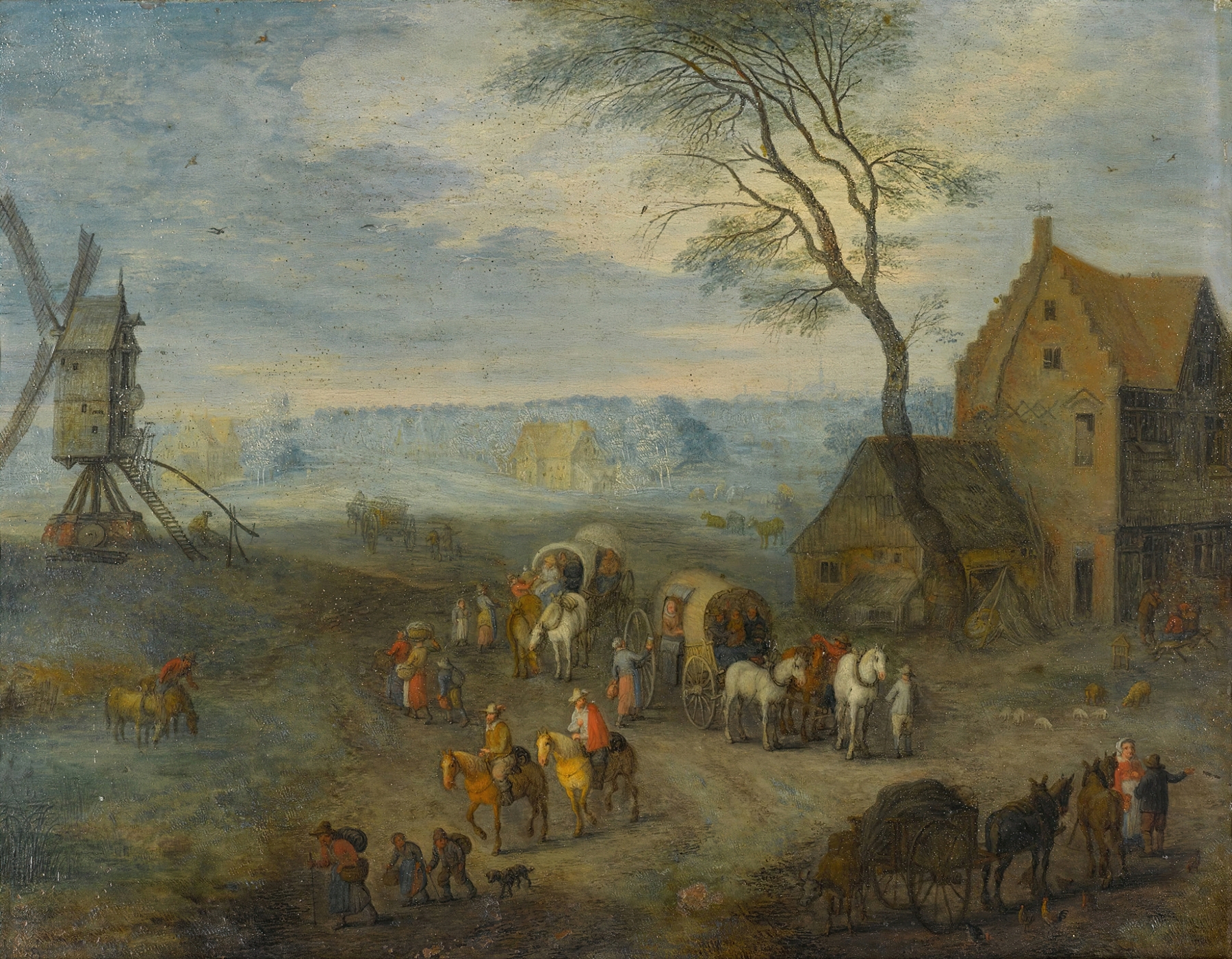 A village scene with travellers by a windmill, oil painting by Joseph van Bredael