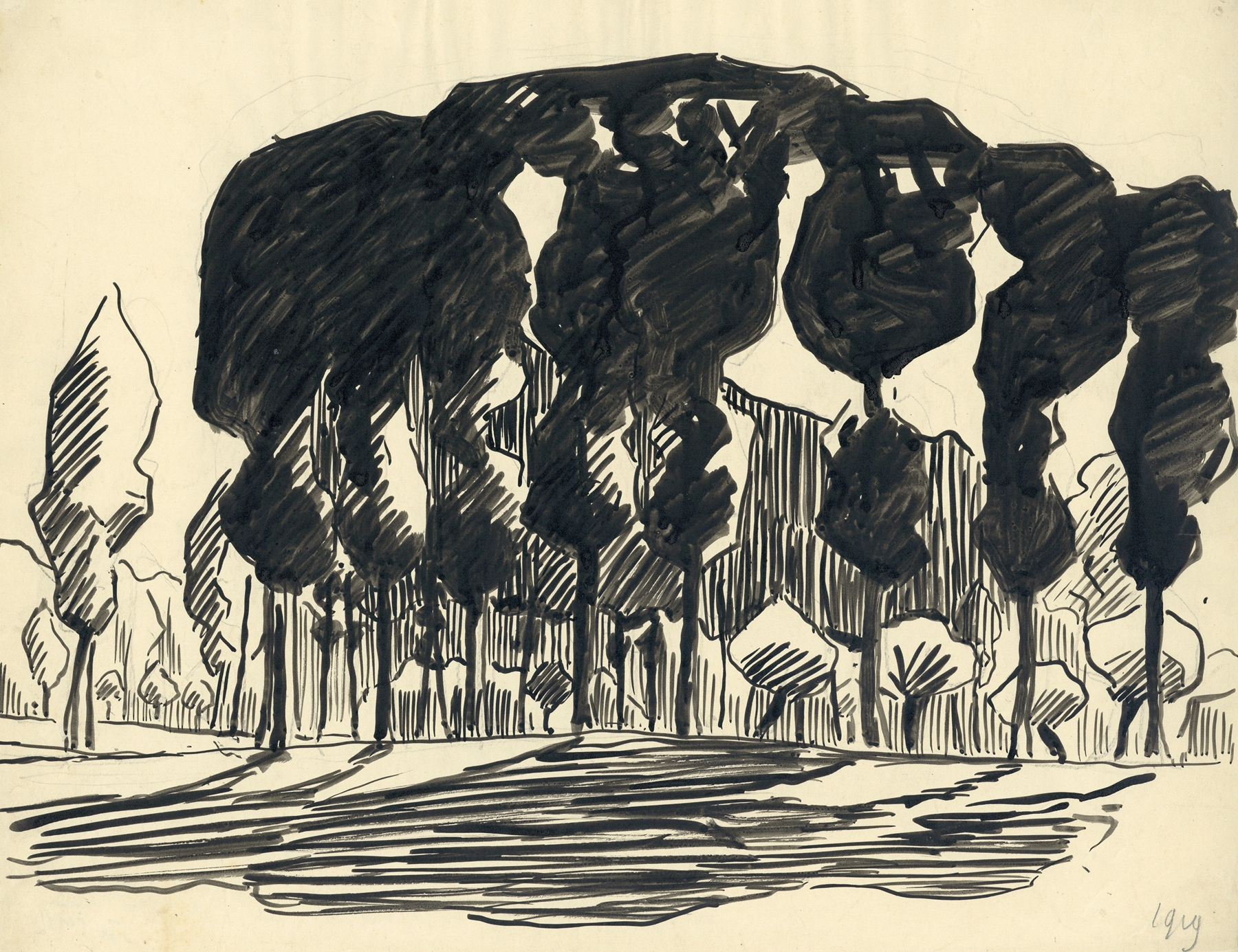 Landschap in inkt by Albert Daenens, ink on paper depicting a winding river and nature.