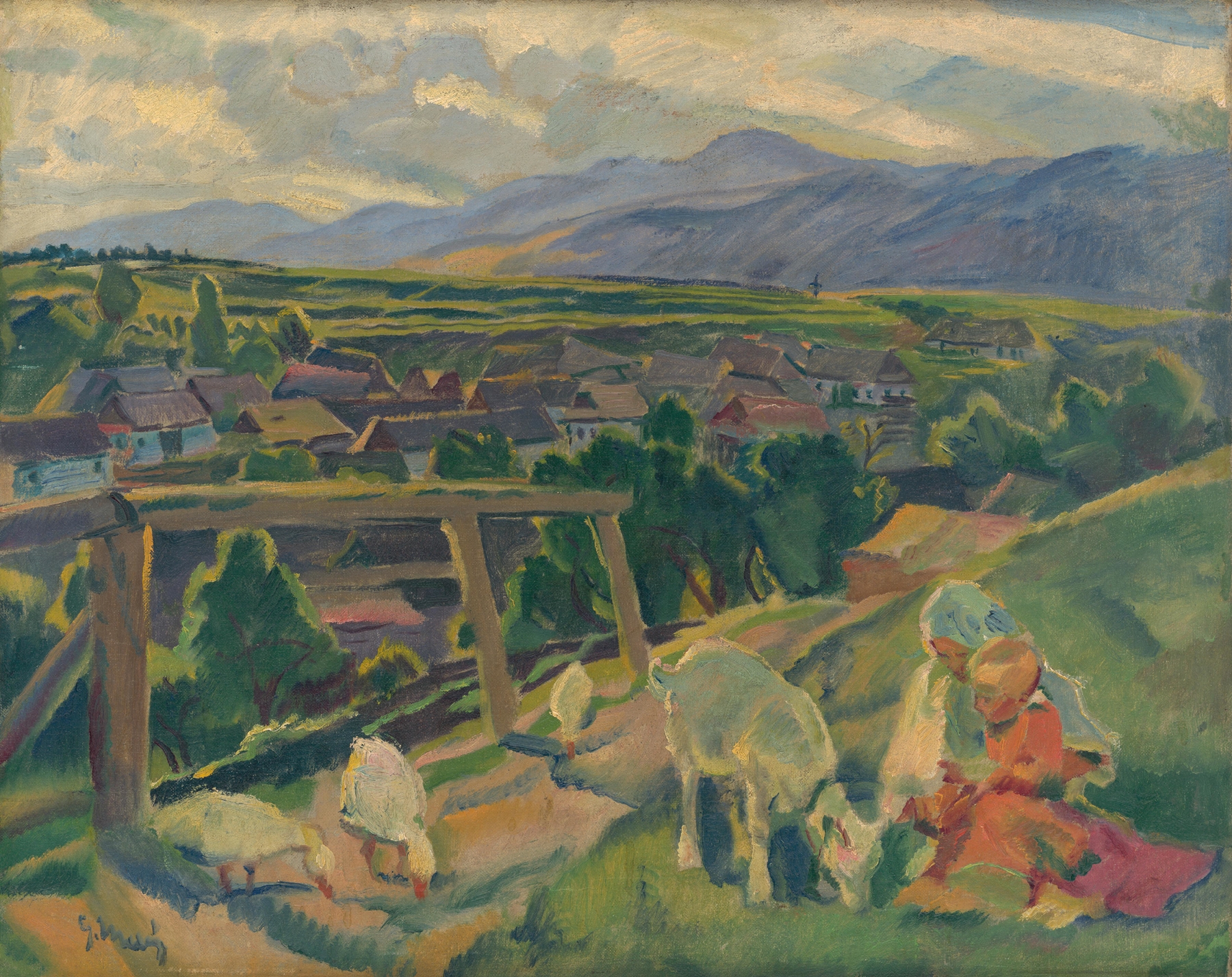 Landscape oil painting by Gustáv Mallý depicting sweeping hills and tranquil nature.