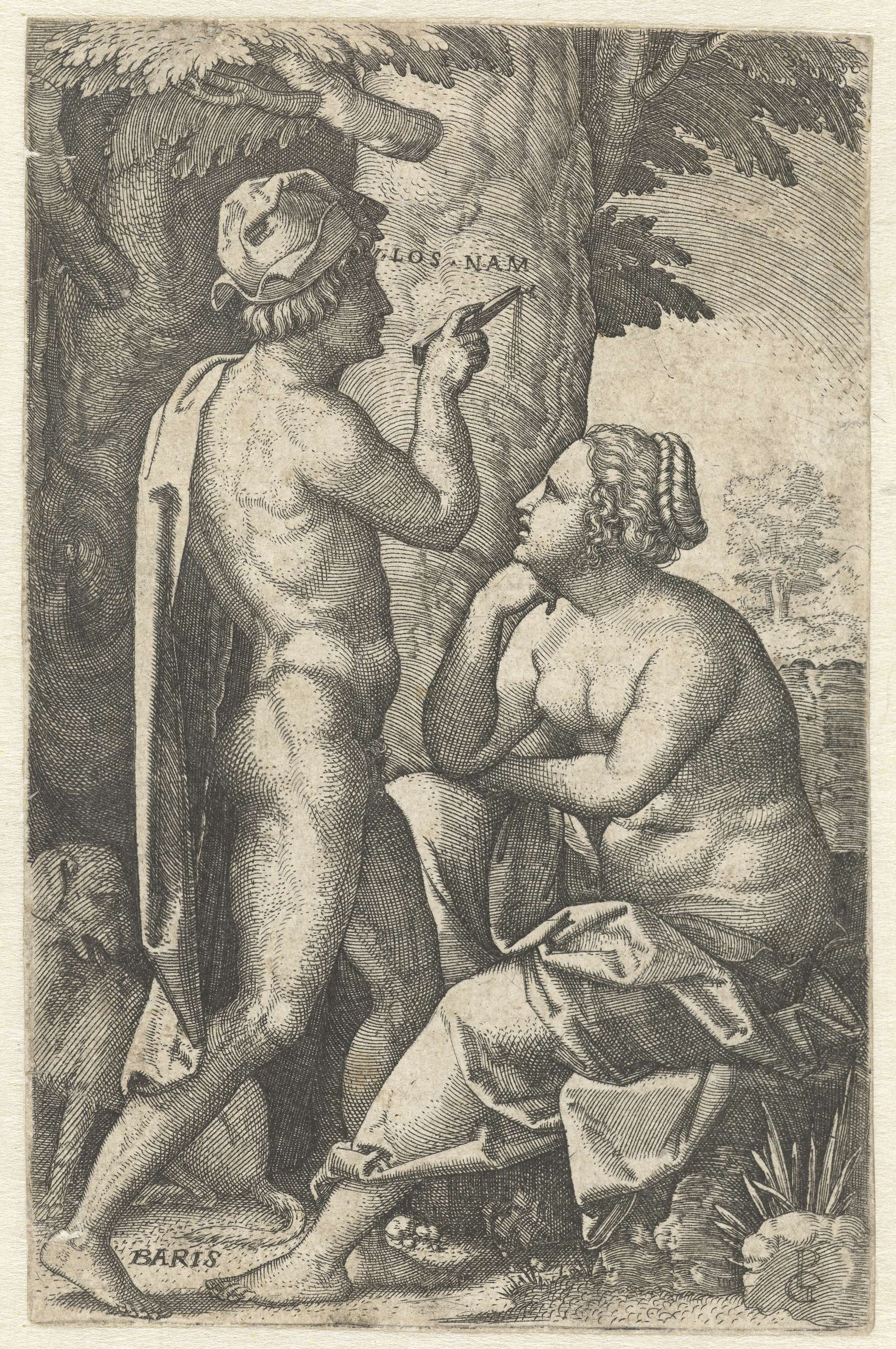 Engraving by Georg Pencz depicting Oenone emerging from a tree