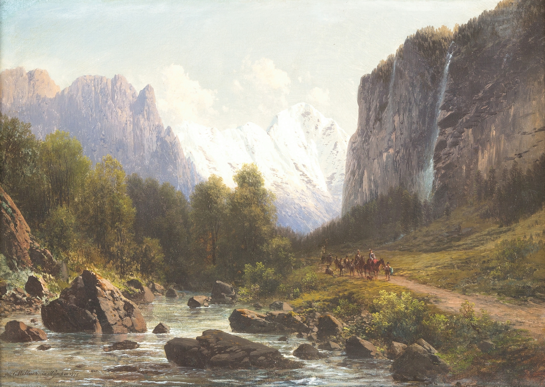 Hunting Party in the Mountains, oil on canvas by Carl Millner, depicting a serene landscape with hunters.