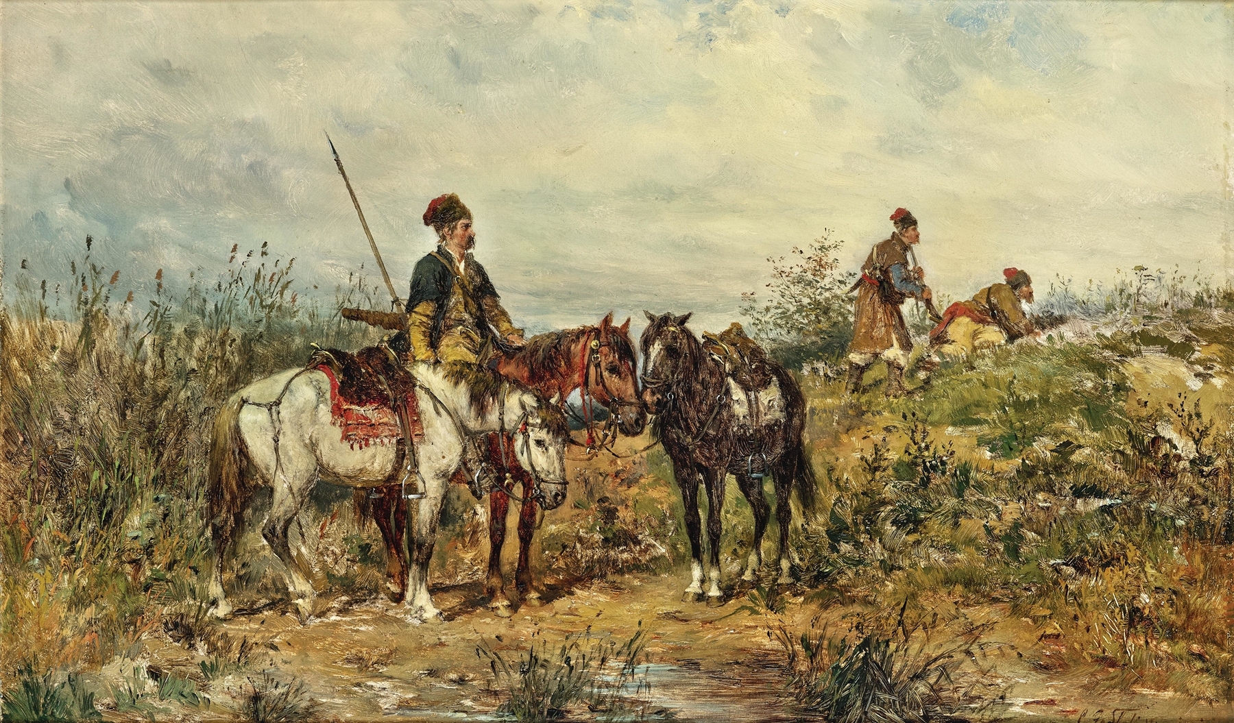 Figurative scene of two scouts in tension, oil painting by Ludwig Gedlek
