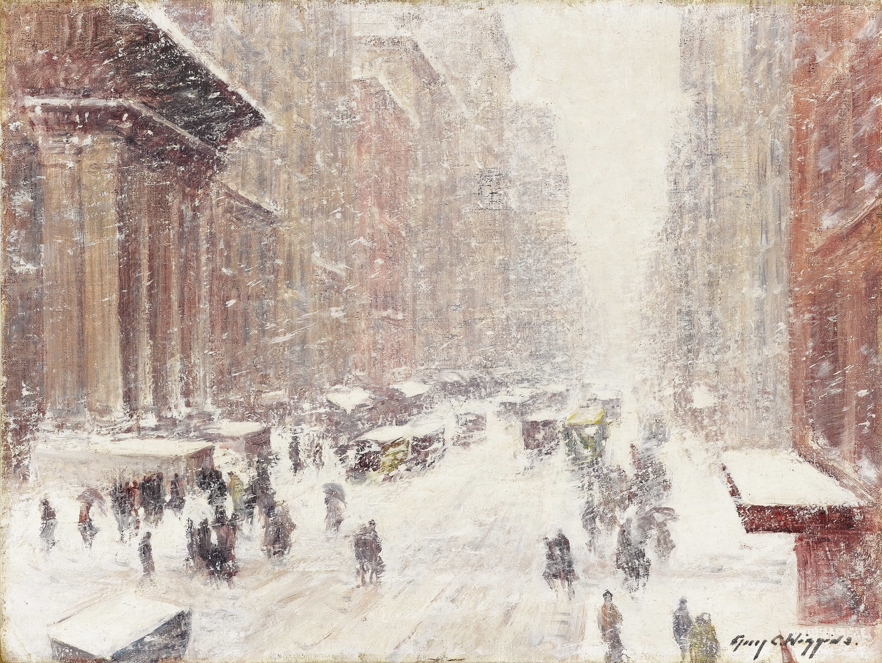 Snow Storm On The Avenue, oil on canvas by Guy Carleton Wiggins depicting swirling snowflakes in a winter scene.