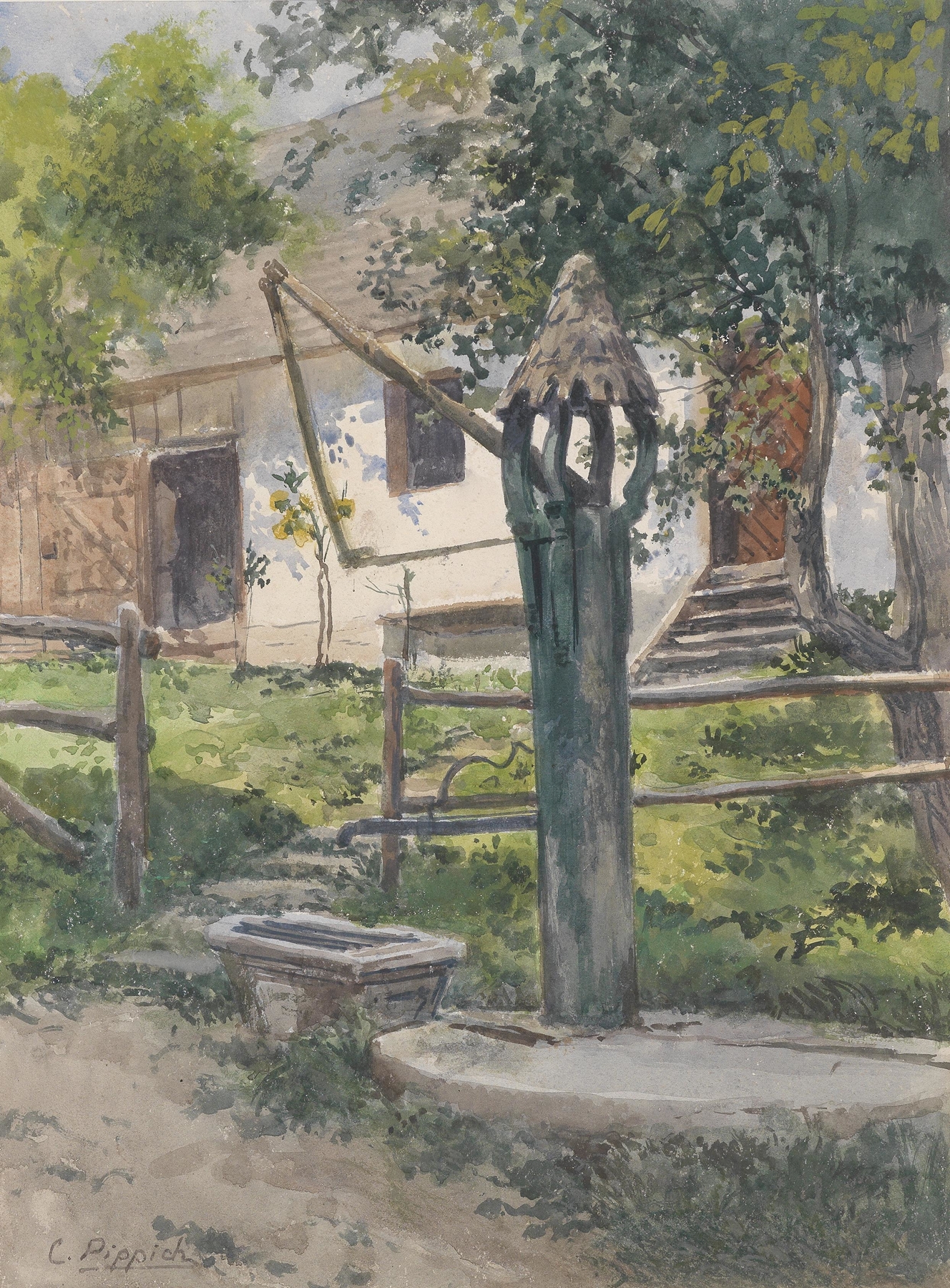 Oil on canvas by Carl Pippich depicting a fountain in a tranquil landscape at twilight.
