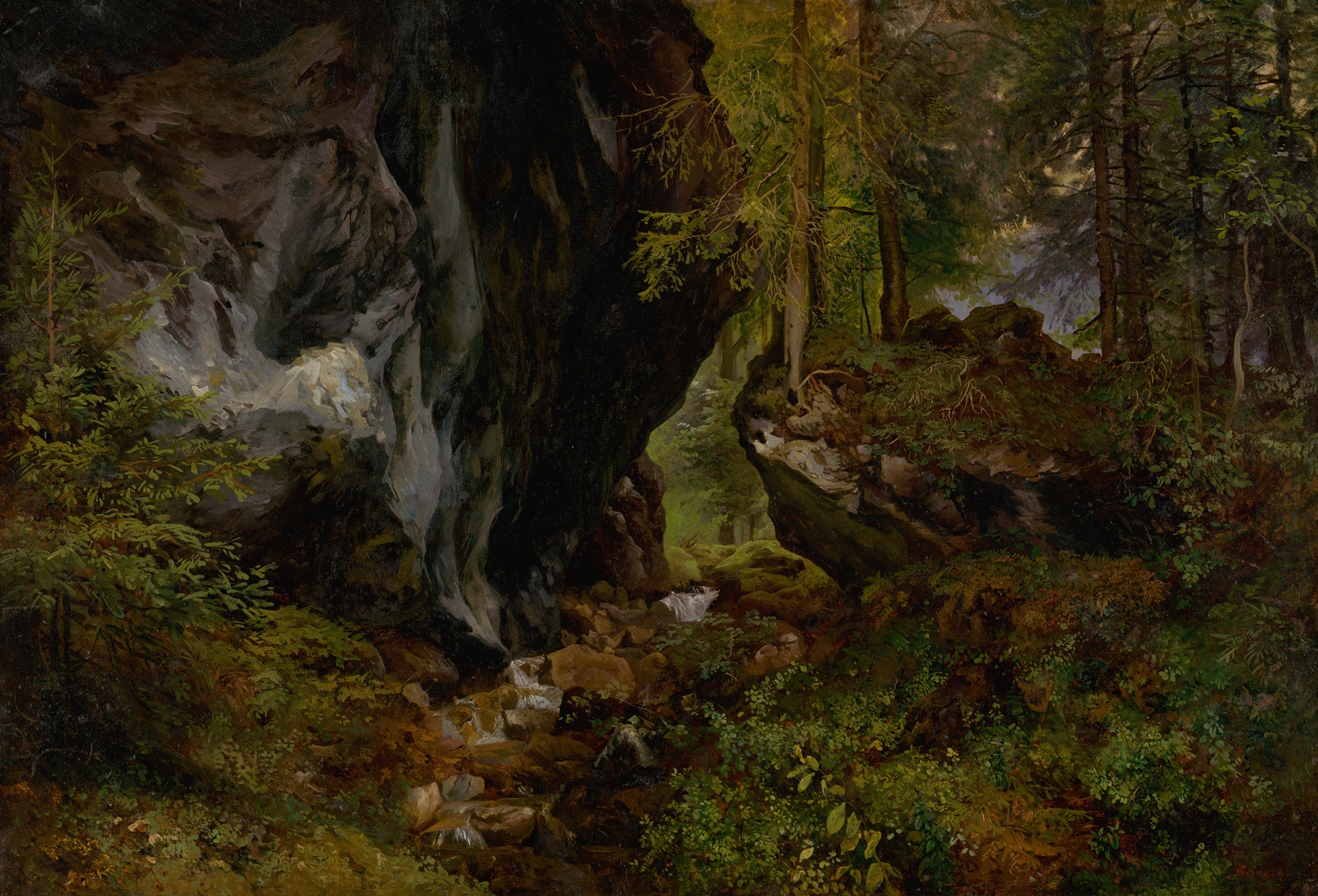 Forest’s Interior by Alexander Brodszky, oil on canvas depicting dappled sunlight in a lush forest.