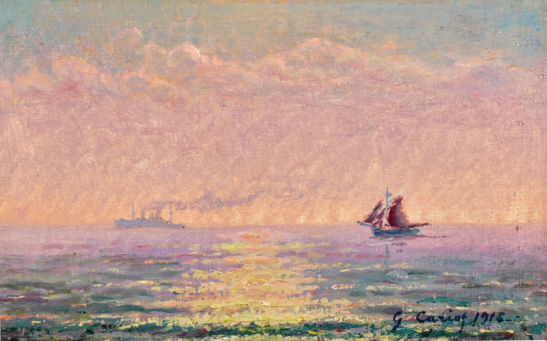 Oil painting by Gustave Cariot depicting a sunset over the sea at St Malo