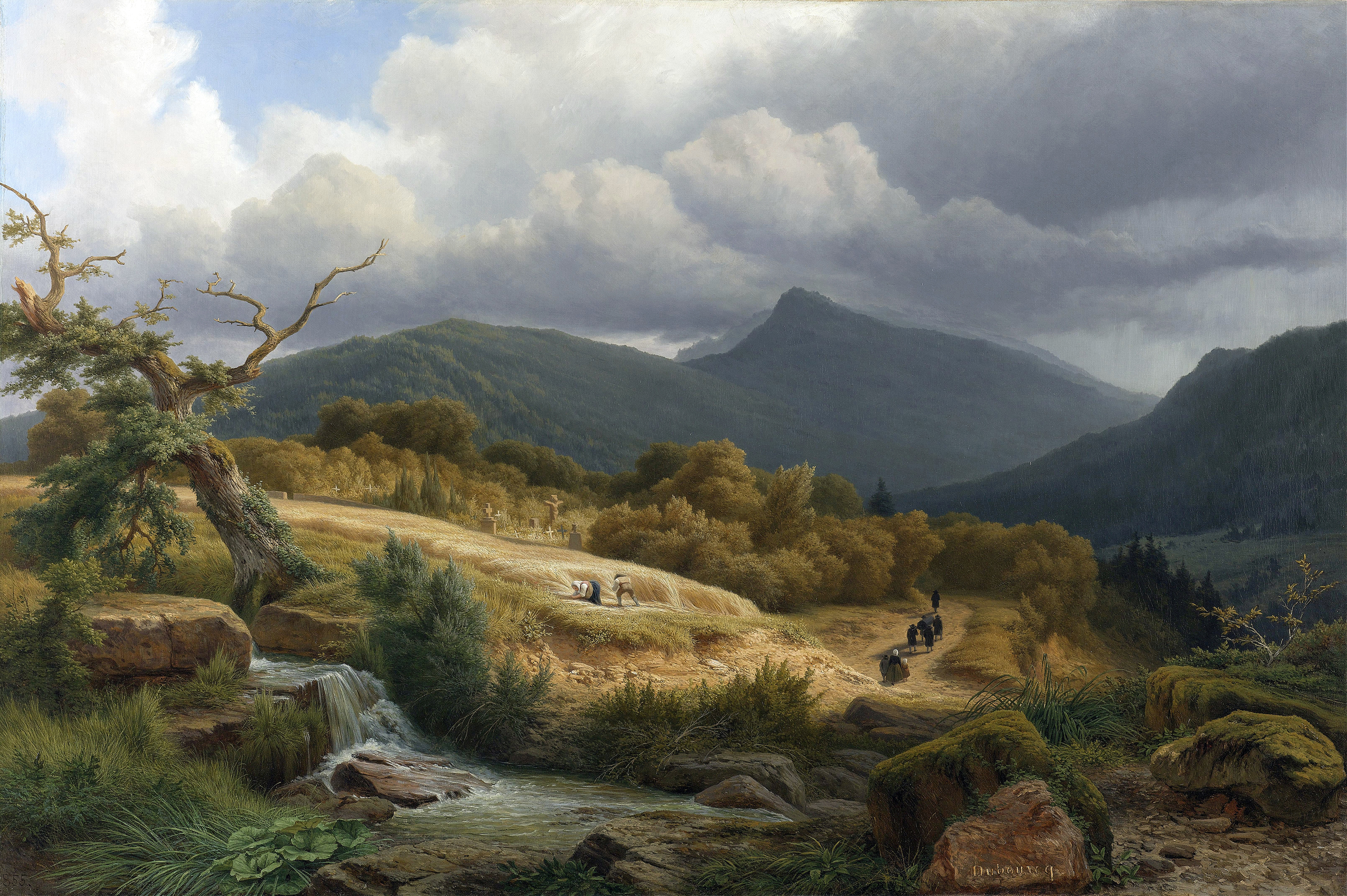 The Cemetery at Baden-Baden by Pierre Louis Dubourcq, oil painting depicting a serene landscape with a stone wall.
