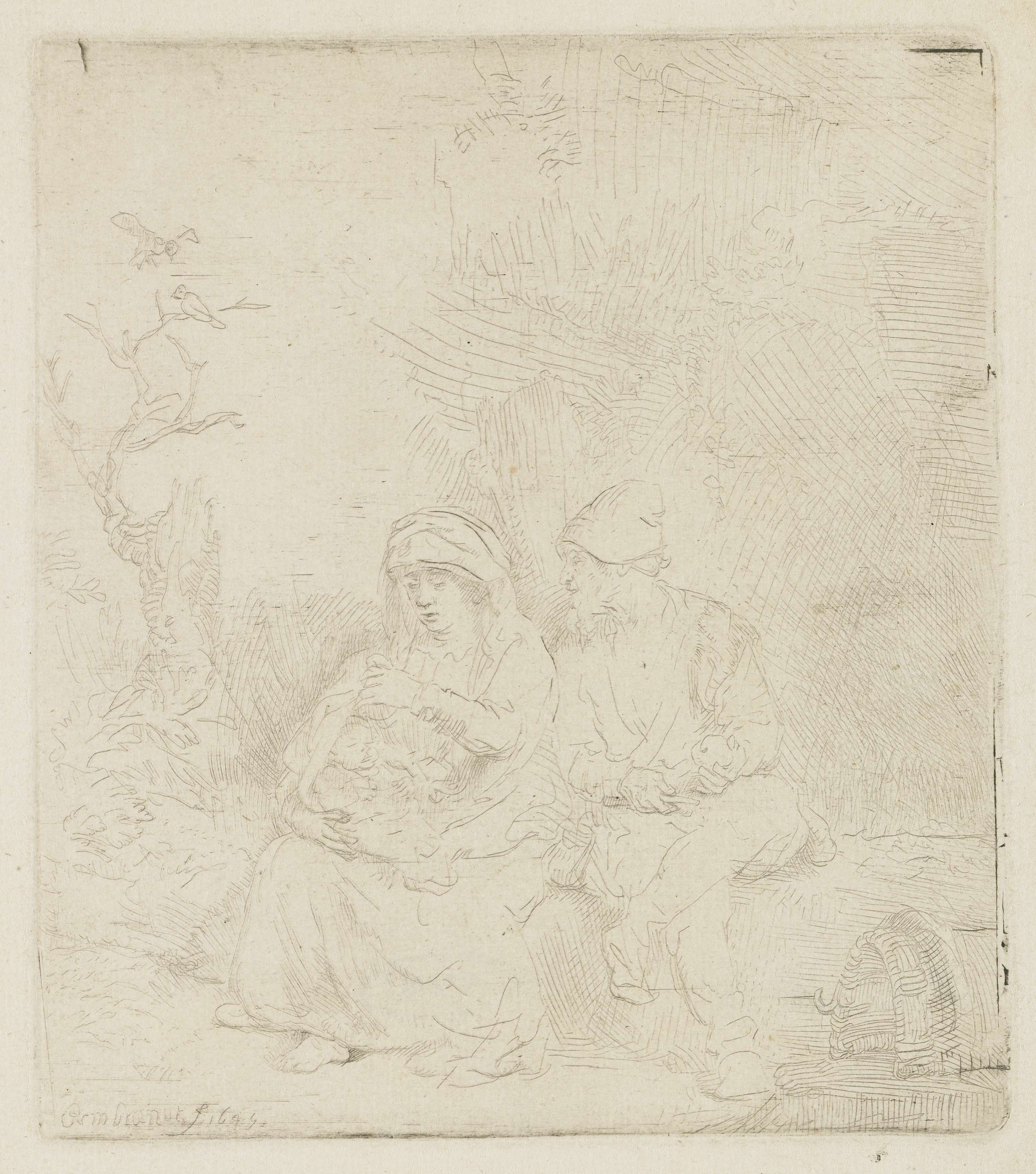 The rest on the flight to Egypt: lightly etched, by Rembrandt van Rijn, public domain