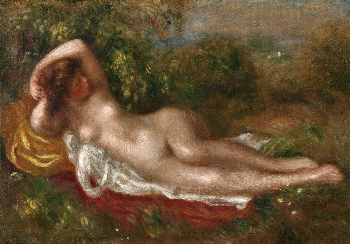 A reclining nude woman in a lush green setting by Renoir.