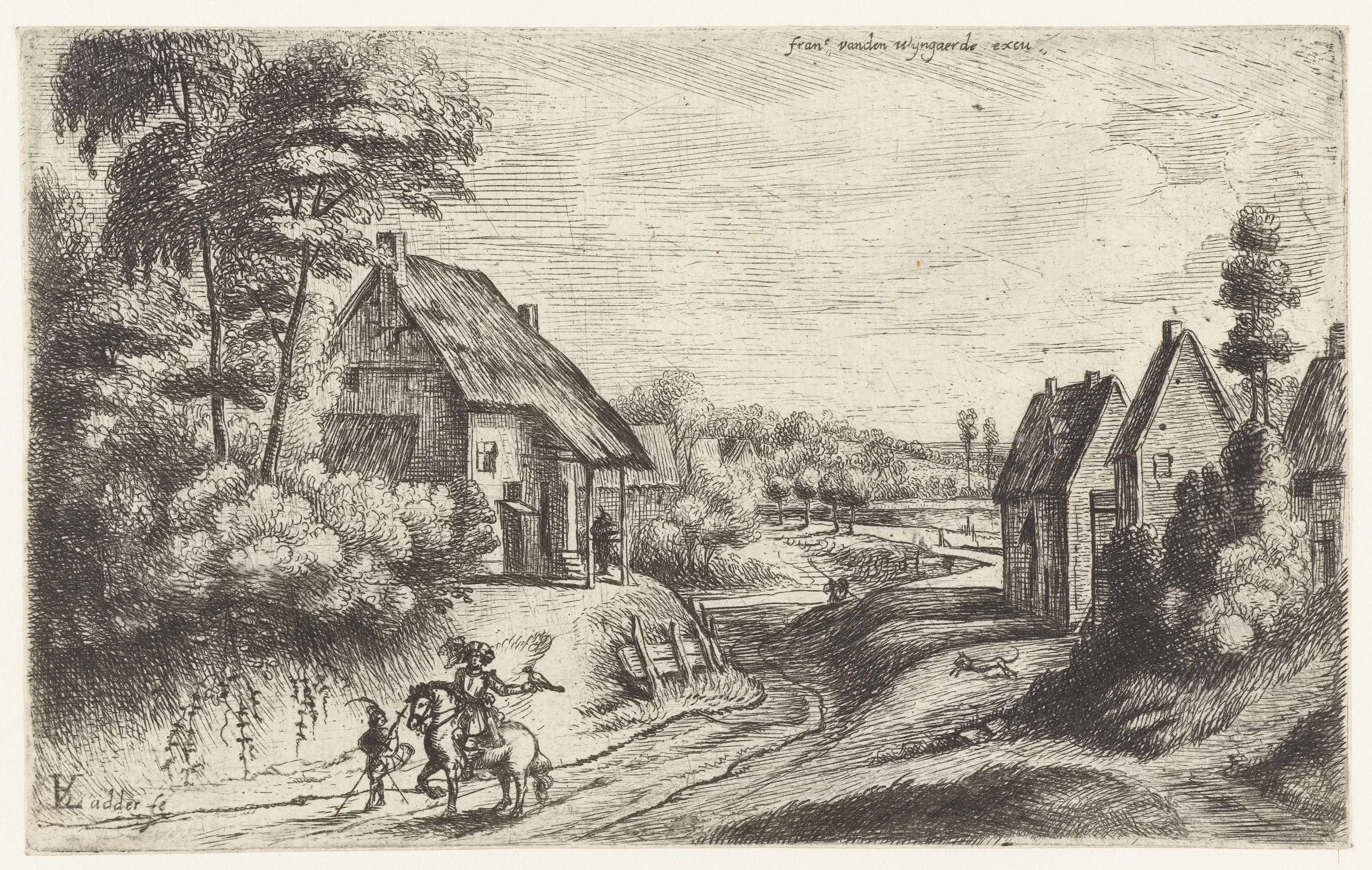 Landscape with two farms along a road, etching by Lodewijk de Vadder