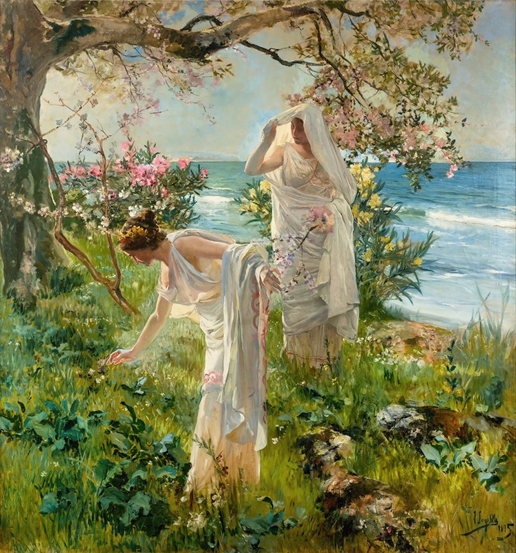 A vibrant depiction of Greek girls playing by the shore.