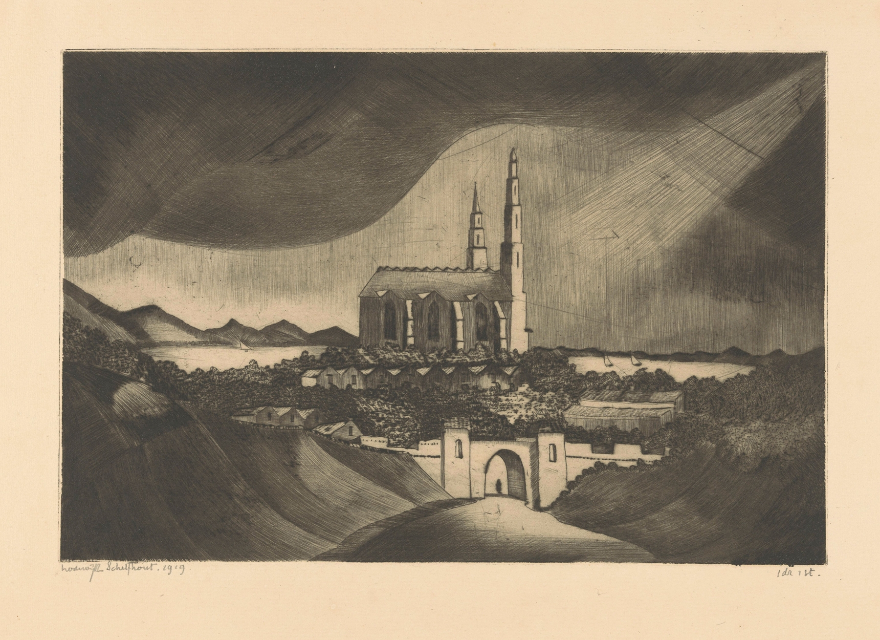 Gothic architecture of La Cathédrale by Lodewijk Schelfhout, featuring light and shadow effects.