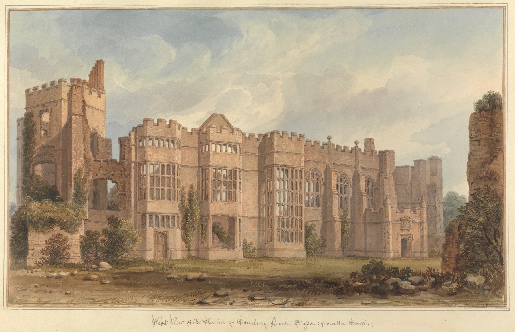 Watercolour by John Buckler depicting Cowdray House ruins in a landscape.