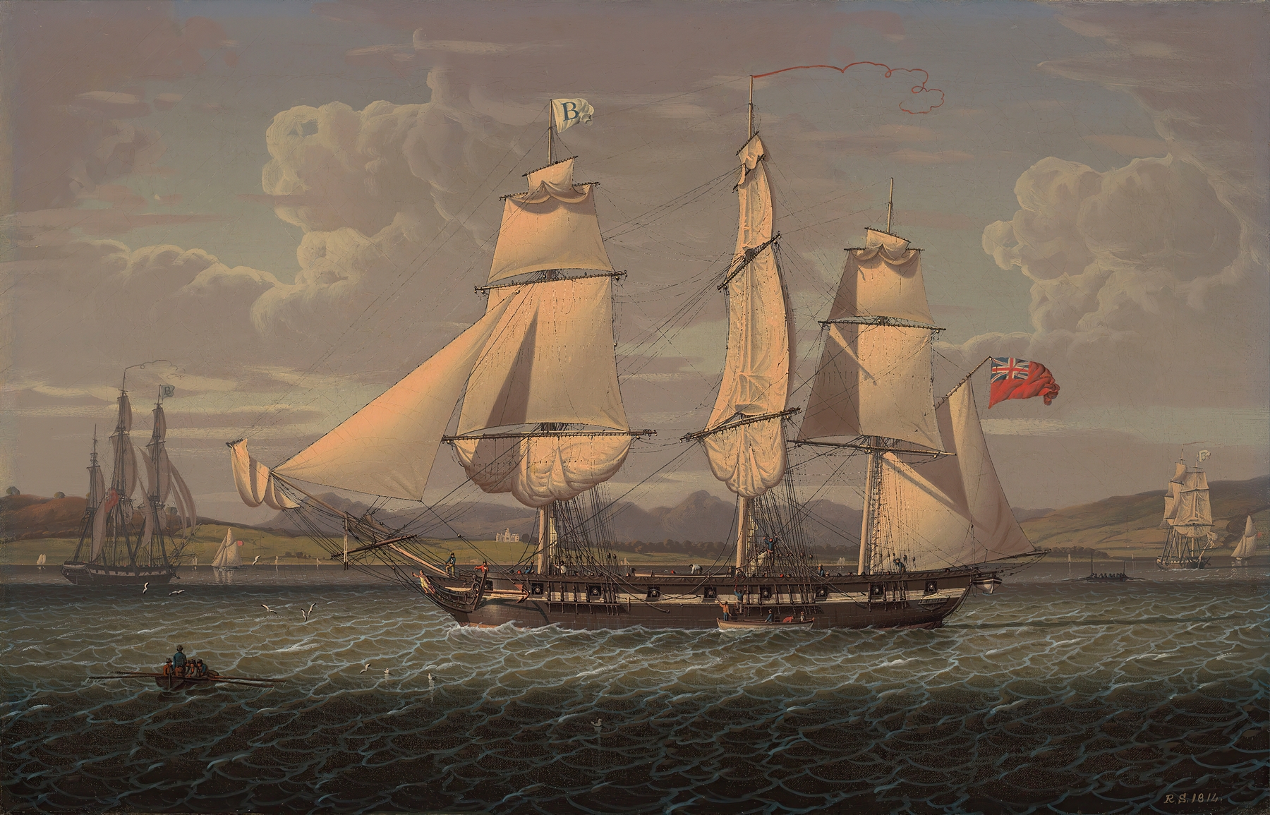 An outward-bound, 18-gun merchantman at the ‘Tail of the Bank’, by Robert Salmon, public domain
