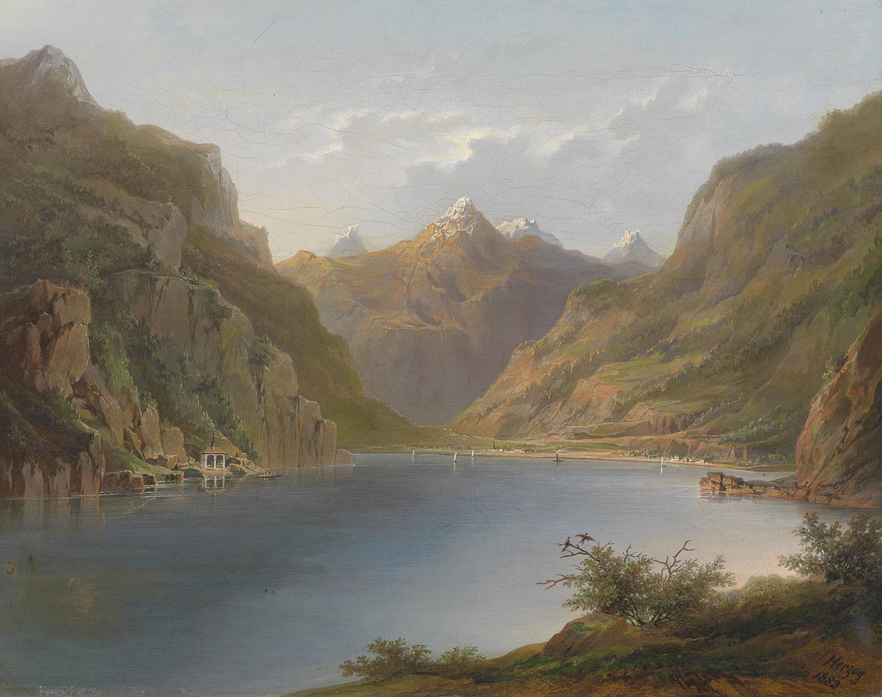 Lake landscape with mountains, oil painting by Hermann Ottomar Herzog