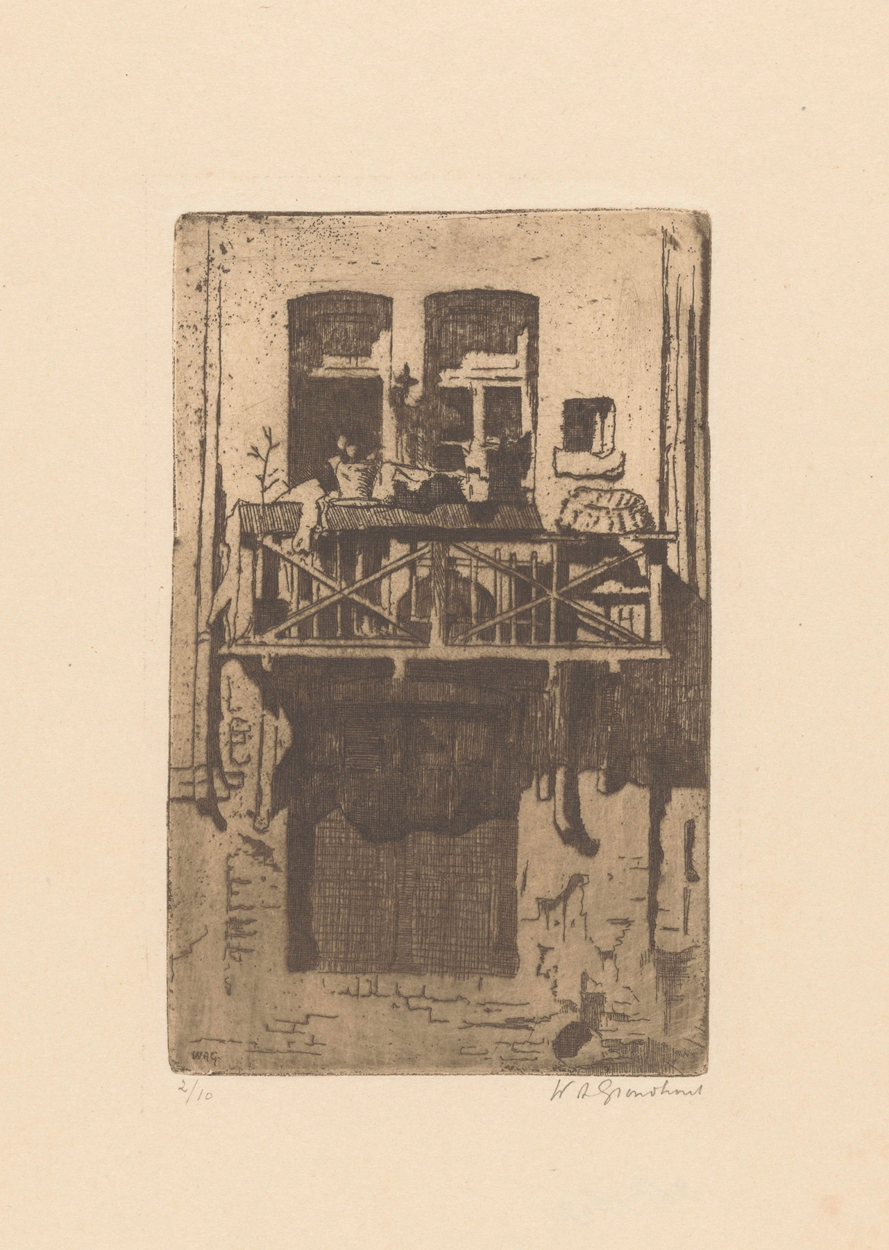 Balkon van een huis aan de Oudezijds Kolk in Amsterdam, oil on canvas by Willem Adrianus Grondhout