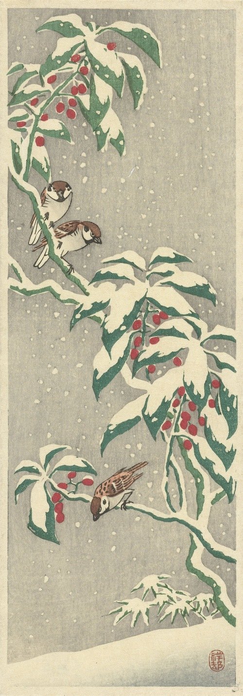This artwork features sparrows perched on a snowy currant bush.