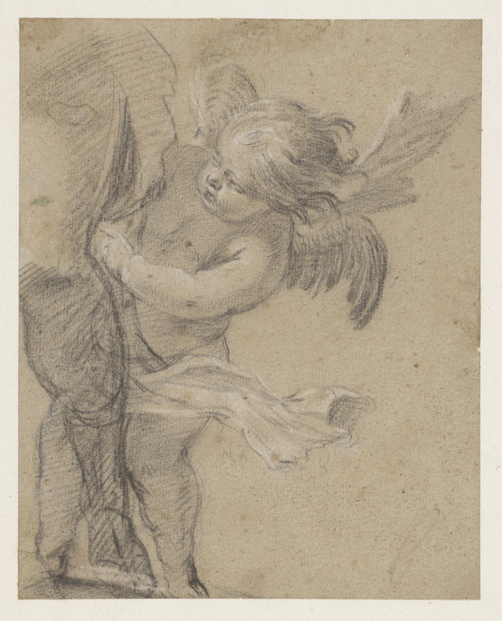 Engeltje bij het been van de H. Rochus by Simon Vouet, paper, features an angel with a playful expression.