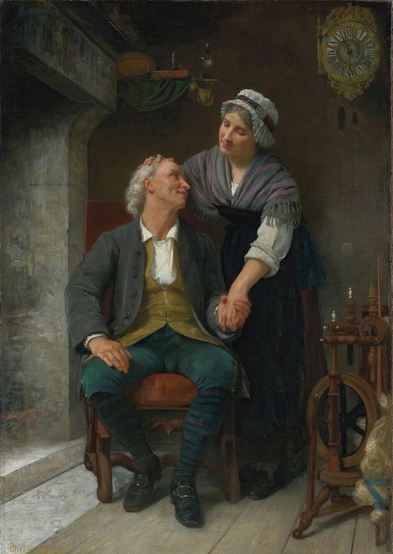 This painting depicts a couple in a tender moment after their engagement.