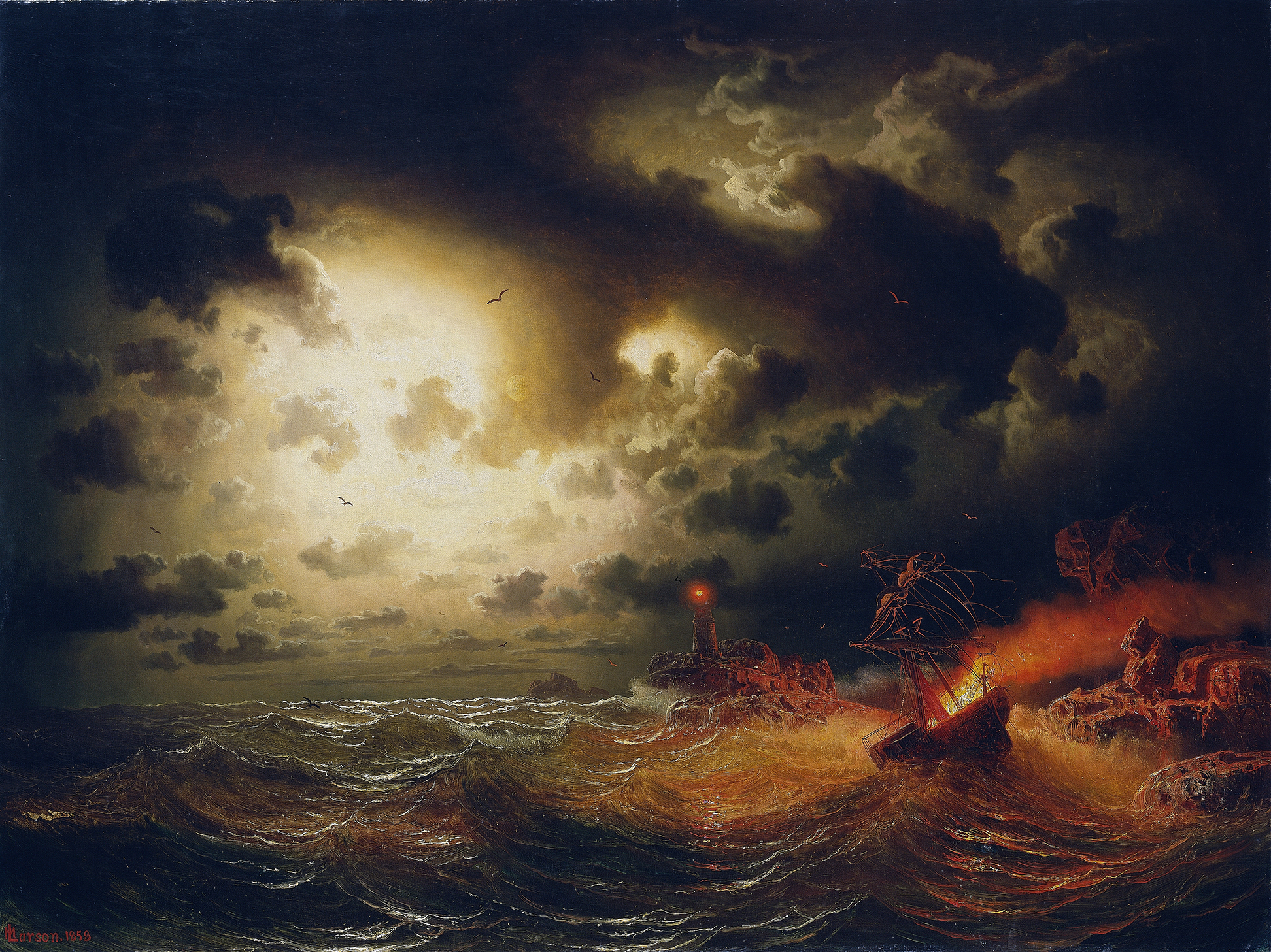 Burning Steamer by Marcus Larson, oil on canvas depicting a ship engulfed in flames on the ocean