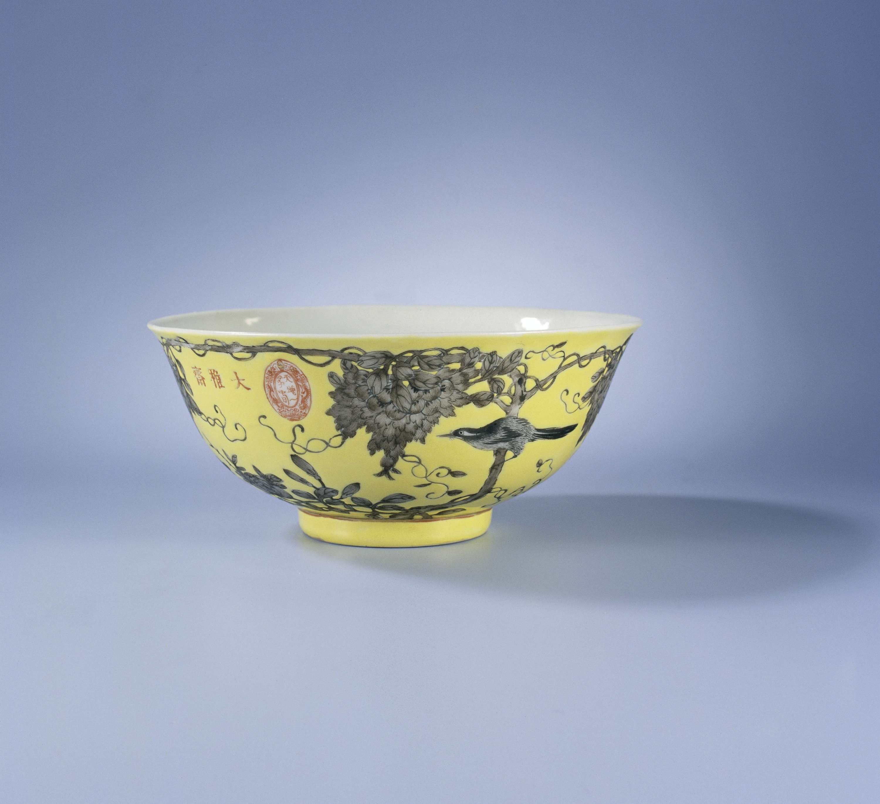 Ceramic bowl with birds on wisteria branches, unknown artist