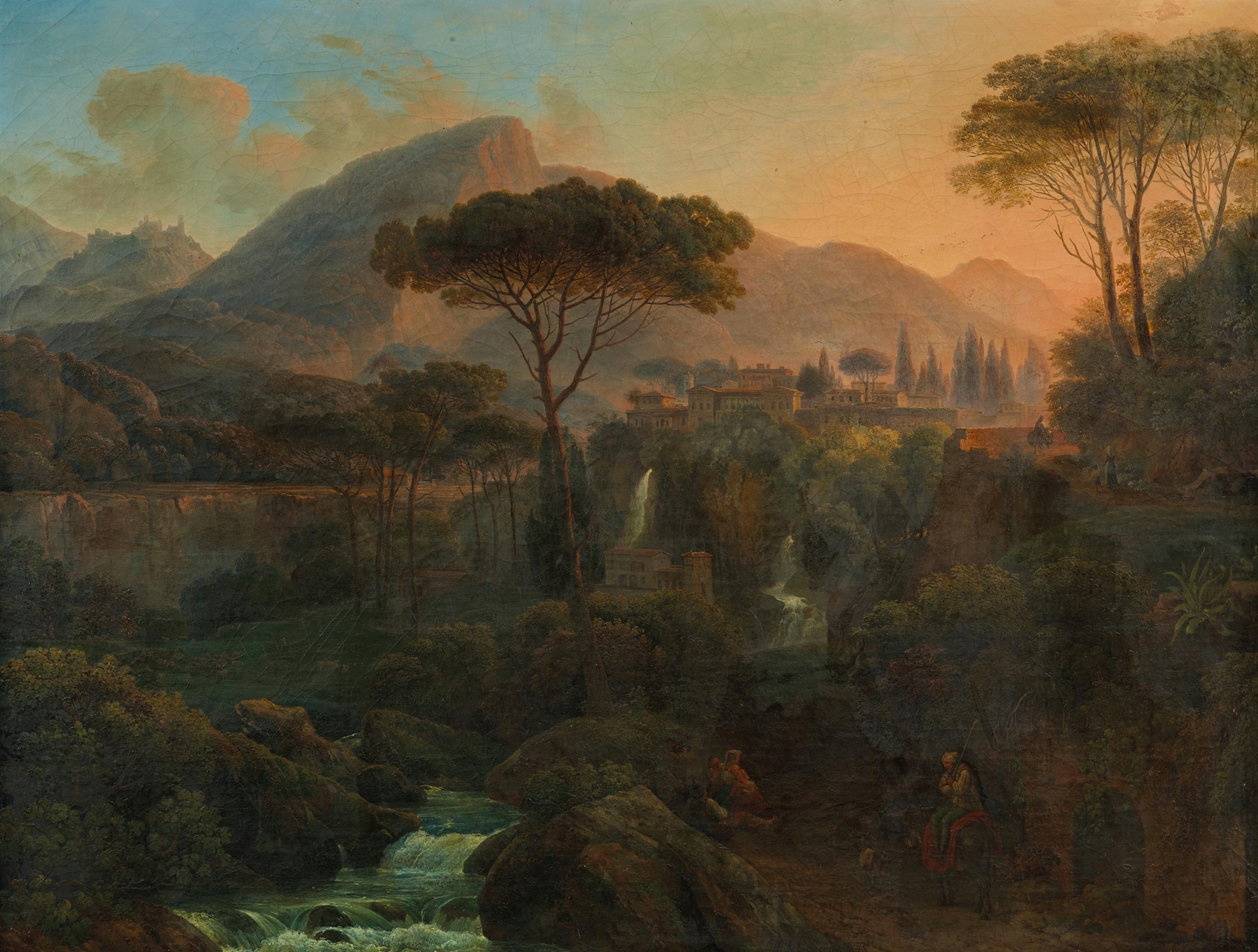 Landscape featuring a waterfall and villa, oil painting by Johann Nepomuk Schödlberger