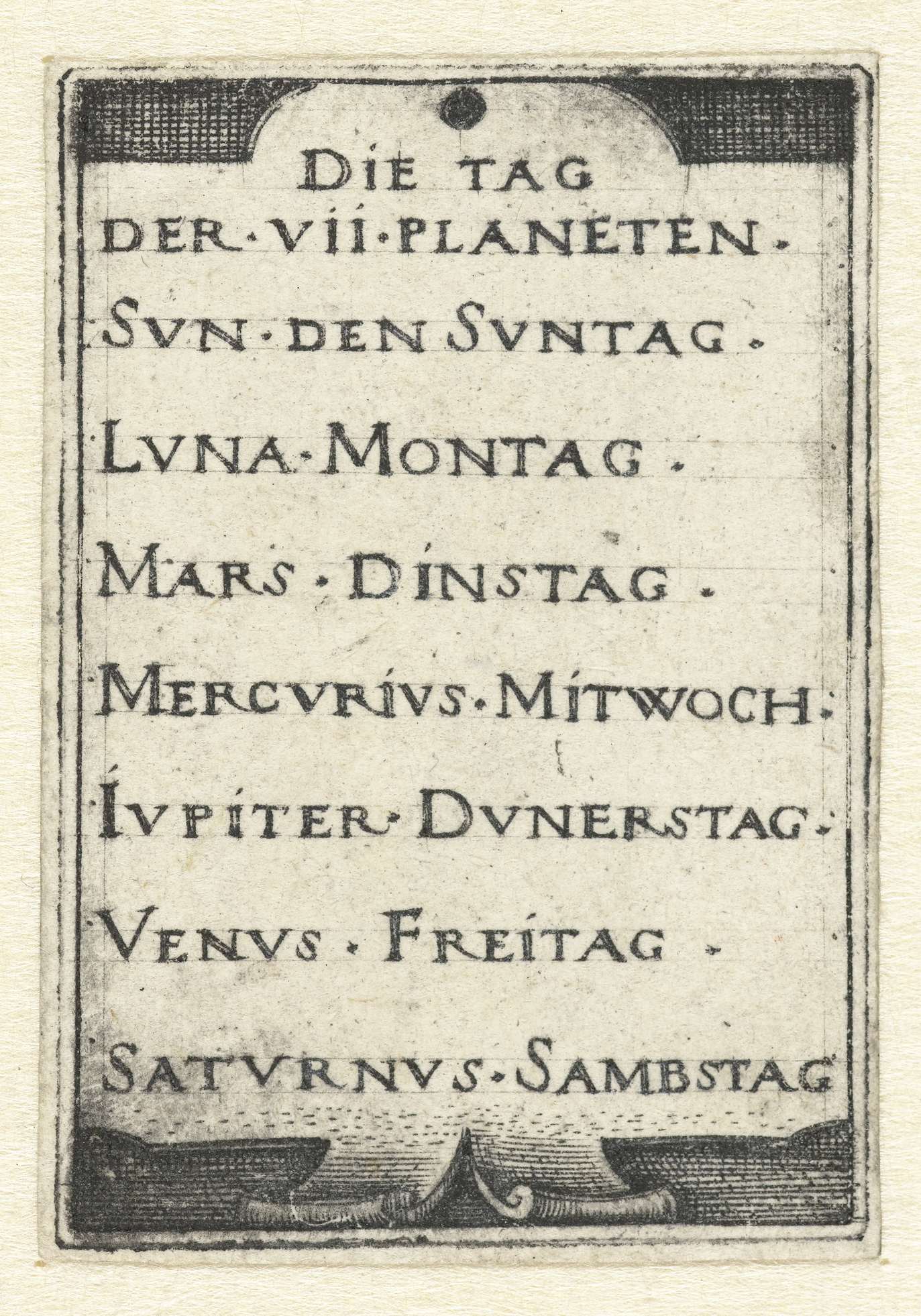 Engraving by Hans Sebald Beham depicting seven days and their ruling planets