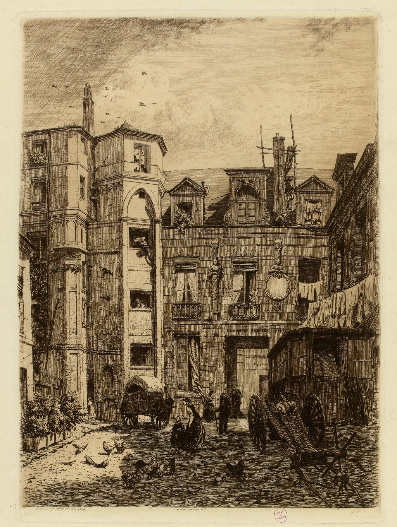 Hôtel passage Charlemagne by Alfred Alexandre Delauney, oil on canvas depicting a cobblestone street with reflections and shadows.