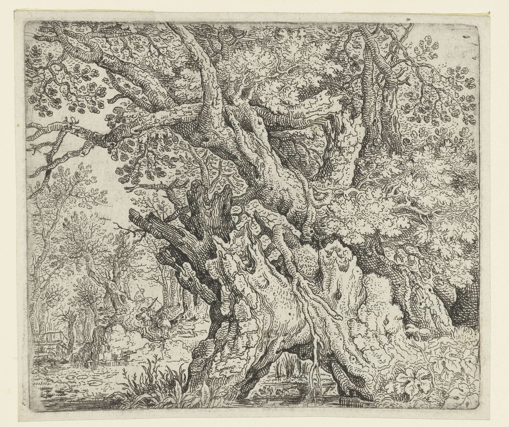 Gnarled trees near water with a bridge and hunters, etching by Roelant Savery